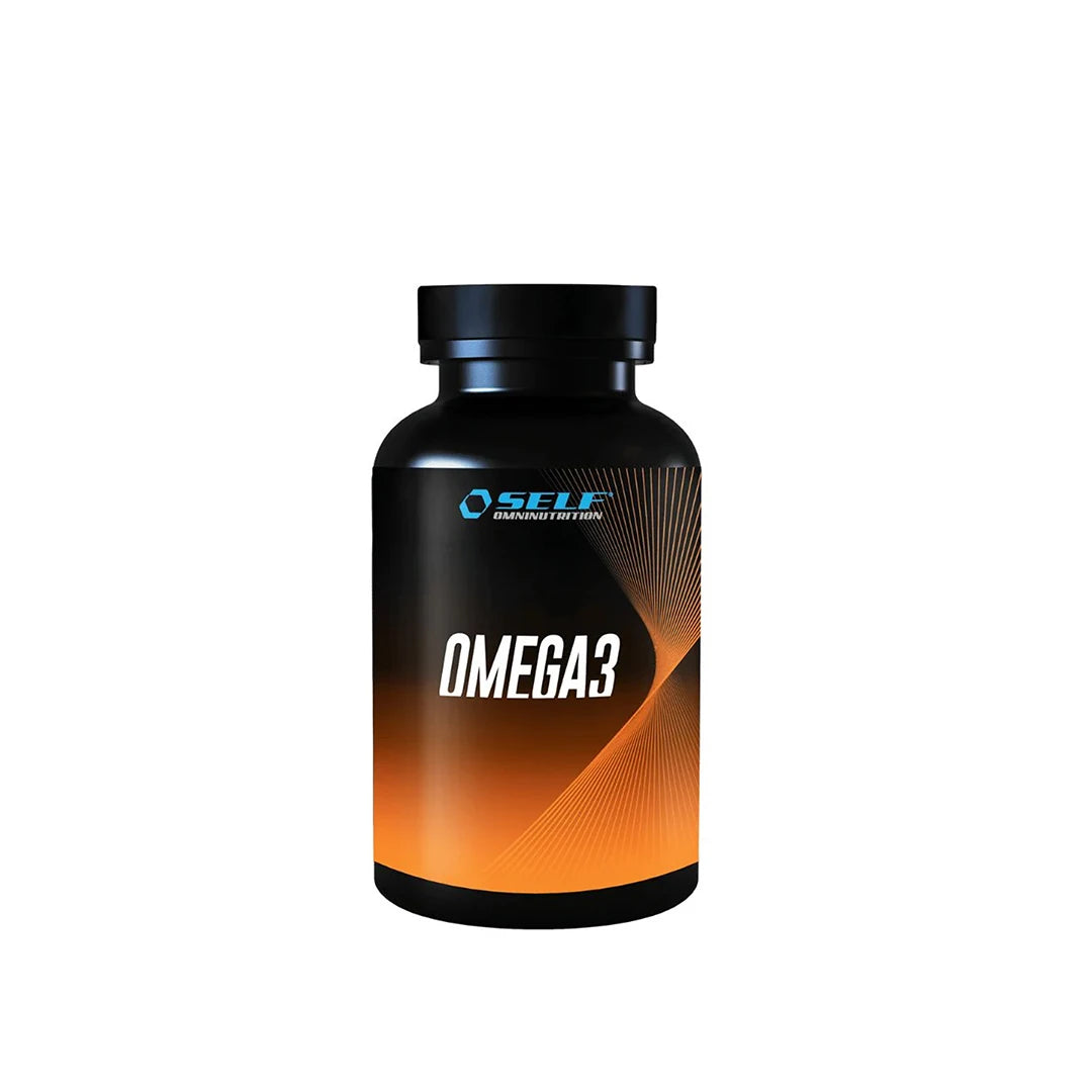 Self Omninutrition Omega 3 60 caps i en svart burk med orangea detaljer., bild 1 av 1
