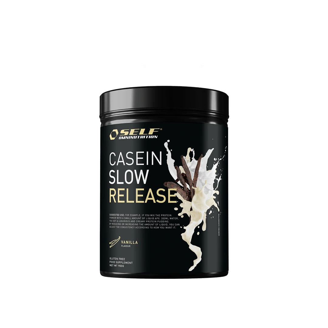 Self Omninutrition Casein 900 g kaseinproteinpulver i en svart burk med illustration av vaniljstänger och mjölkstänk för smaken Vanilla., bild 2 av 2