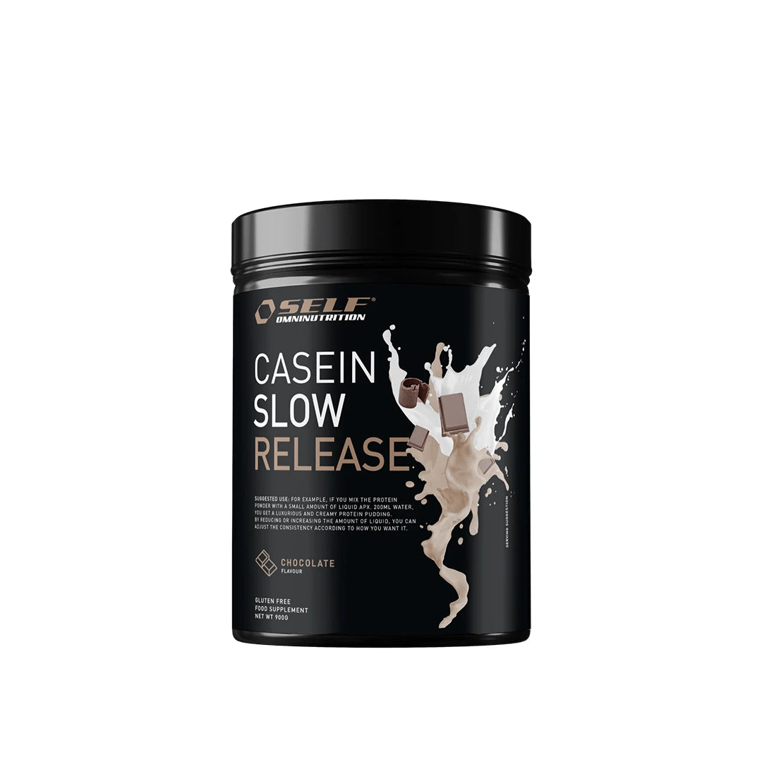 Self Omninutrition Casein 900 g kaseinprotein i en svart burk med chokladstänk och text för smaken Chocolate., bild 1 av 2