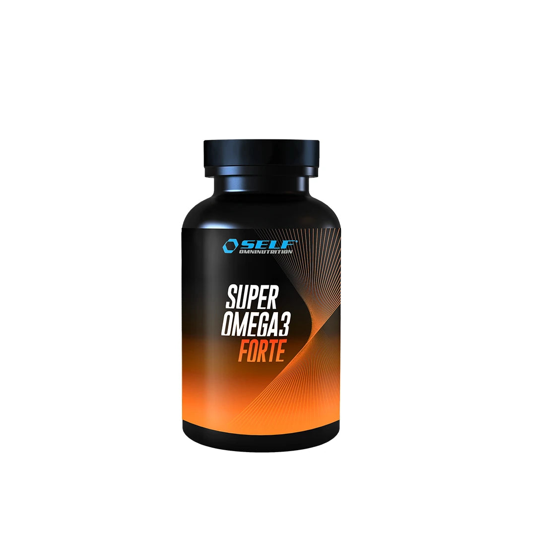 Self Omninutrition Super Omega 3 Forte 120 caps, omega-3 kosttillskott i en svart burk med orangea detaljer., bild 1 av 1