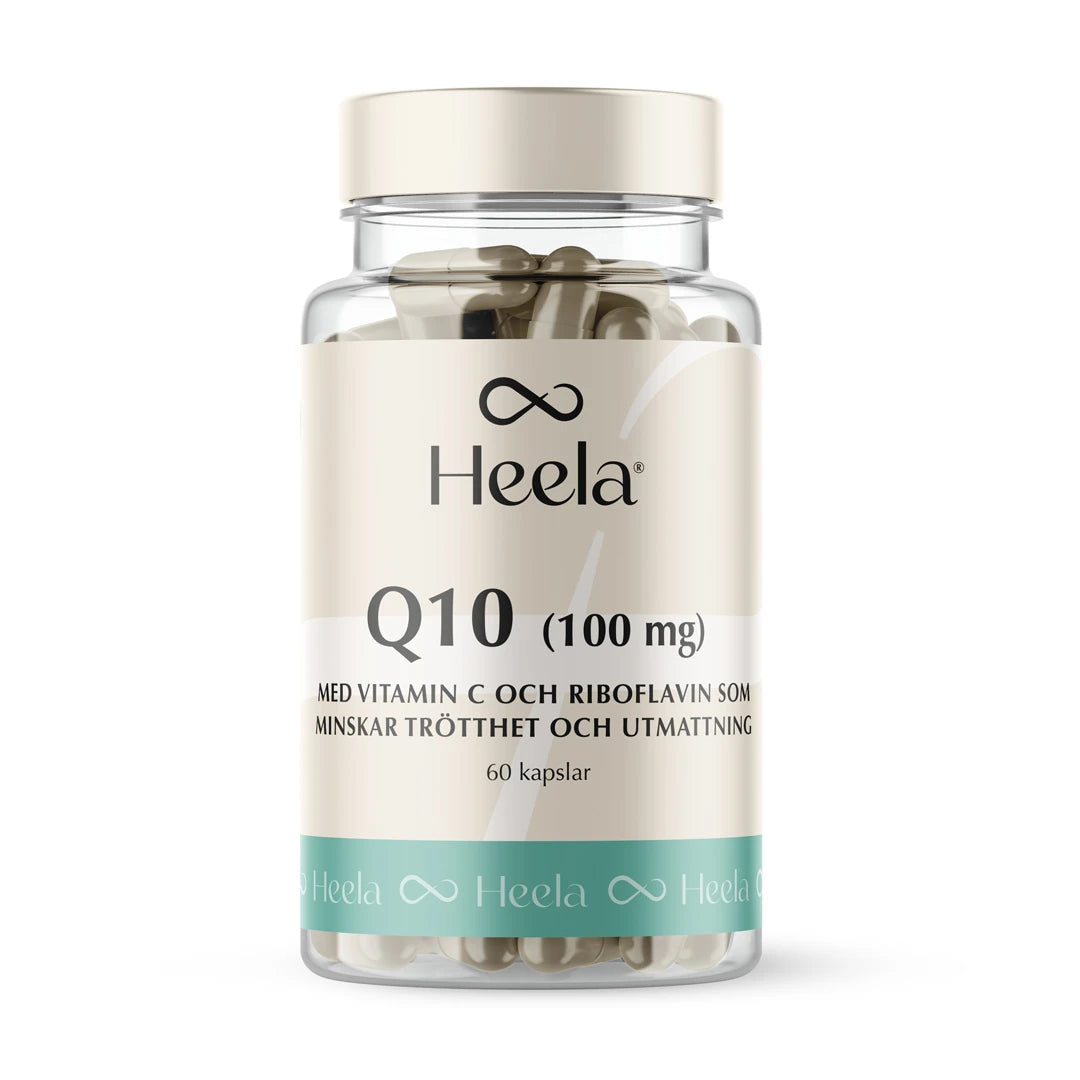 Heela Q10 - 100 mg 60 caps i en genomskinlig burk med vit etikett och turkos detalj., bild 1 av 1