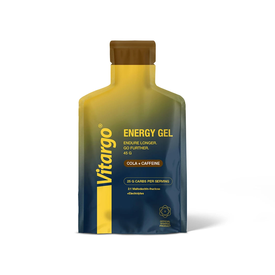Vitargo Gels 45 g i en mörkblå och gul portionsförpackning för smaken Cola Caffeine.