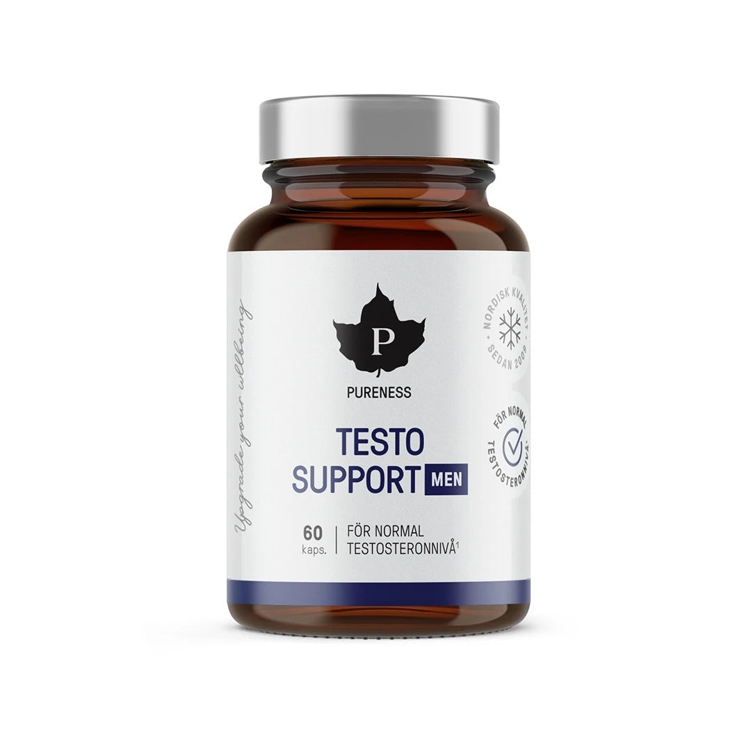 Pureness Testo Support Men 60 kapslar, kosttillskott i en mörkbrun burk med silverlock och vit etikett., bild 1 av 1