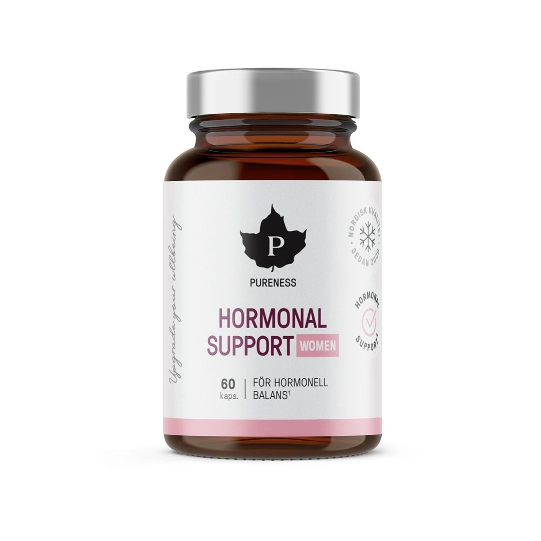 Pureness Hormonal Support Women 60 kapslar kosttillskott i en brun glasburk med vit etikett och silverfärgat lock., bild 1 av 1