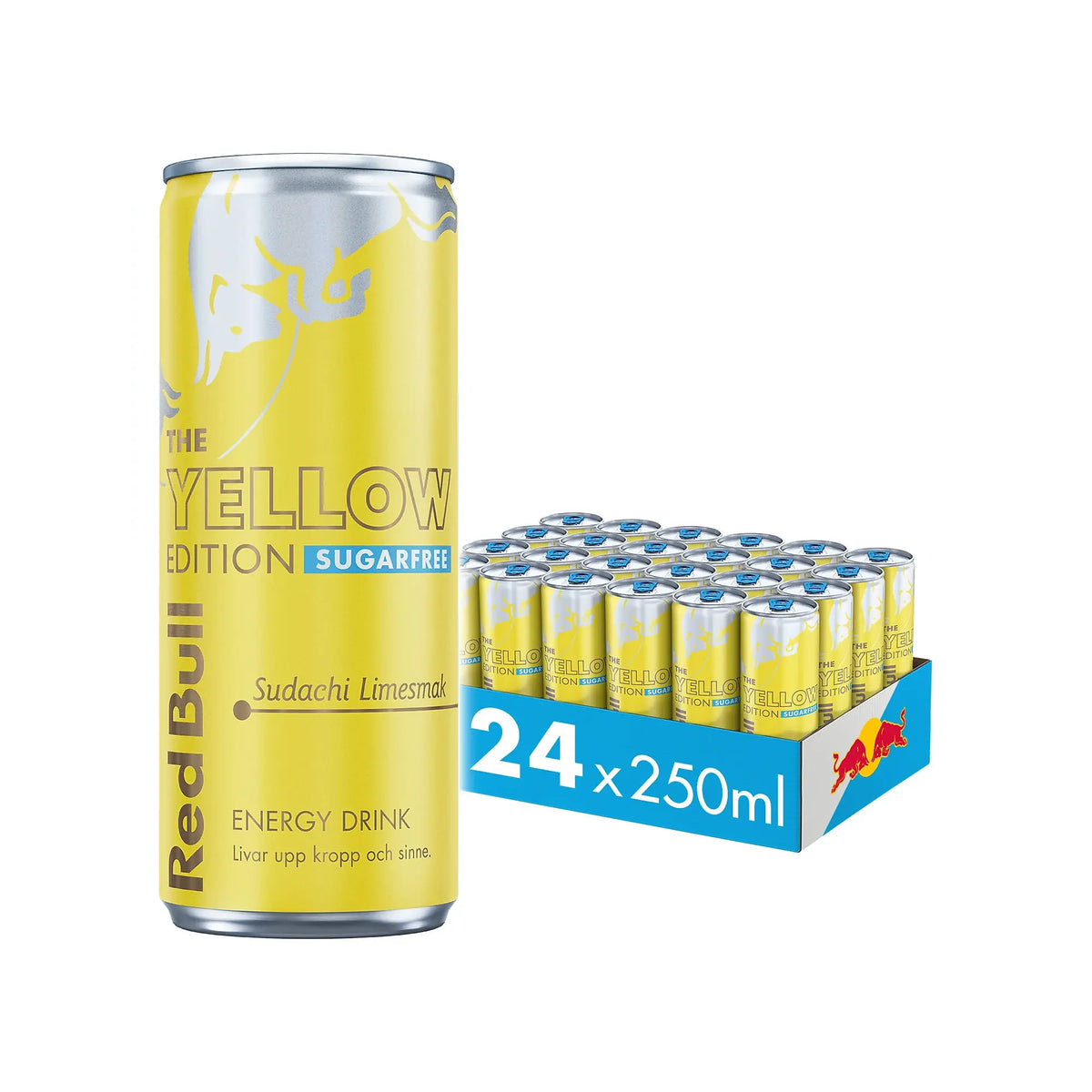 24 x Red Bull 250 ml Summer Edition Sugarfree - Sudachi Lime i ett blått flak fyllt med gula och silvriga burkar., bild 1 av 1