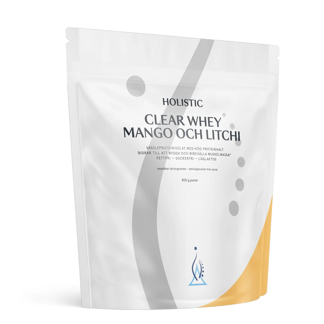 Holistic Clear Whey 400 g proteinpulver i en vit påse med gula detaljer för smaken Mango och Litchi., bild 2 av 2