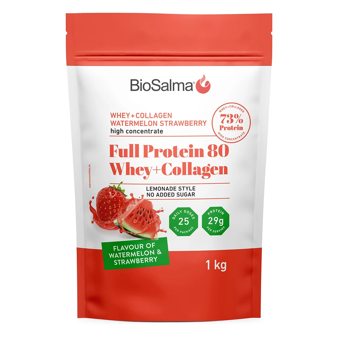 BioSalma Full Protein 80 Whey+Collagen Watermelon Strawberry 1 kg proteinpulver i en vit och röd påse., bild 1 av 1