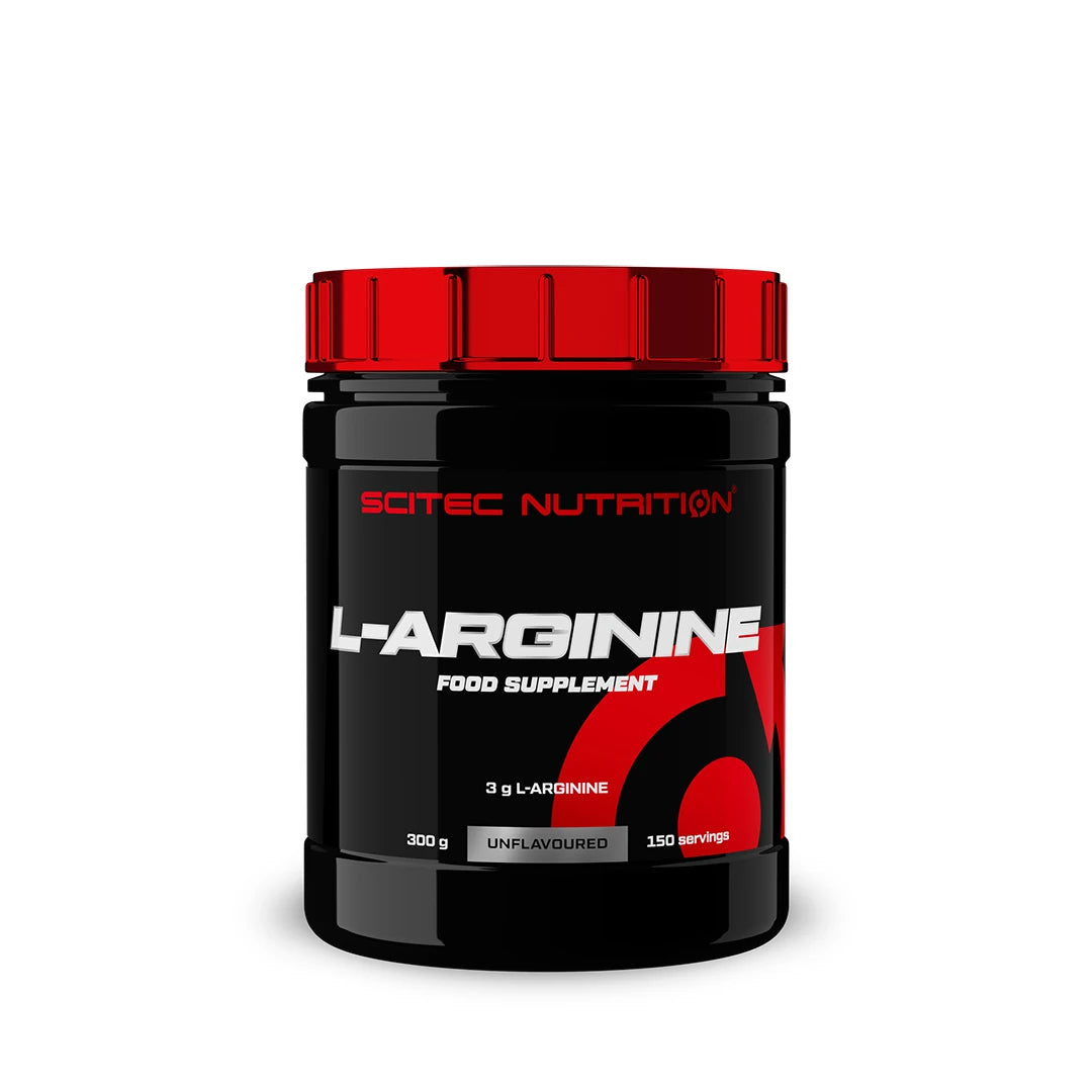 Scitec Nutrition L-Arginine 300 g aminosyretillskott i en svart burk med rött lock., bild 1 av 1