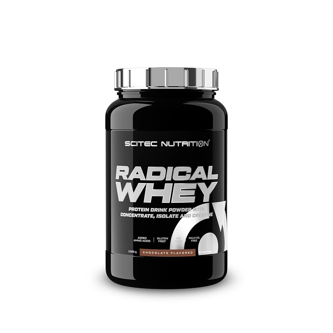 Scitec Nutrition Radical Whey 1 kg proteinpulver med smaken Chocolate i en svart burk med silvrigt lock., bild 1 av 1