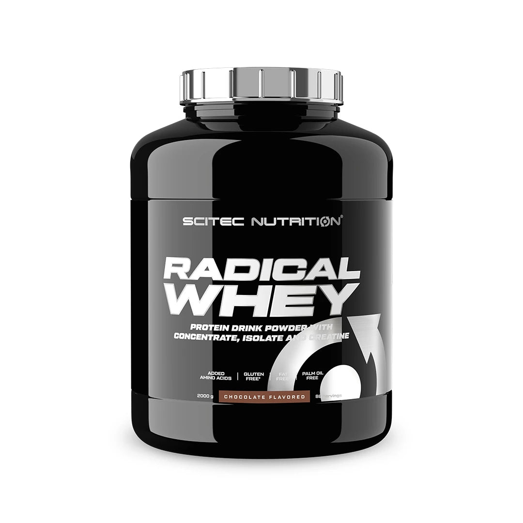 Scitec Nutrition Radical Whey 2 kg proteinpulver i en svart burk med silverdetaljer och smaken Chocolate., bild 1 av 1