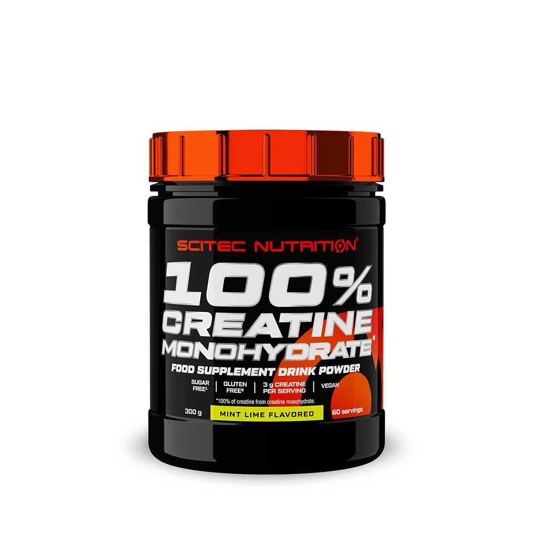Scitec Nutrition 100% Creatine Monohydrate 300 g kreatinpulver i en svart burk med orange lock och smaken Mint Lime., bild 1 av 1