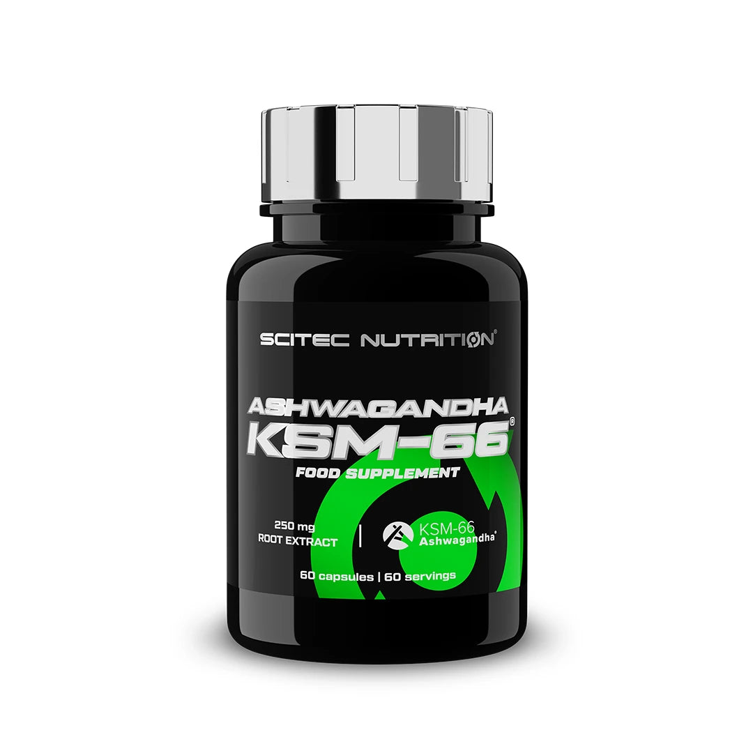 Scitec Nutrition KSM-66® Ashwagandha 60 caps i en svart burk med gröna och vita detaljer på etiketten., bild 1 av 1