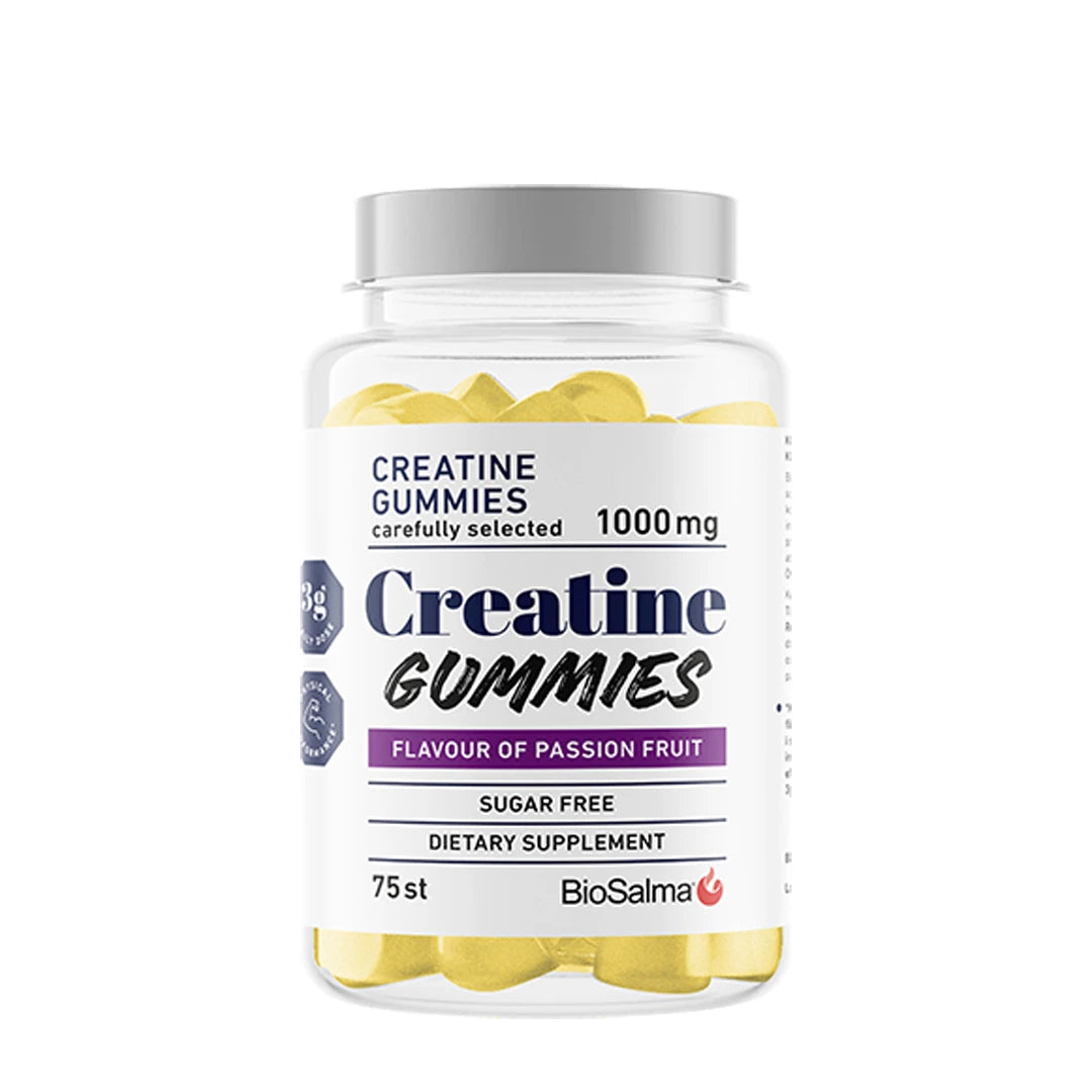 Biosalma Creatine Gummies 1000 mg Passion Fruit i en genomskinlig burk fylld med gula gummies., bild 1 av 1