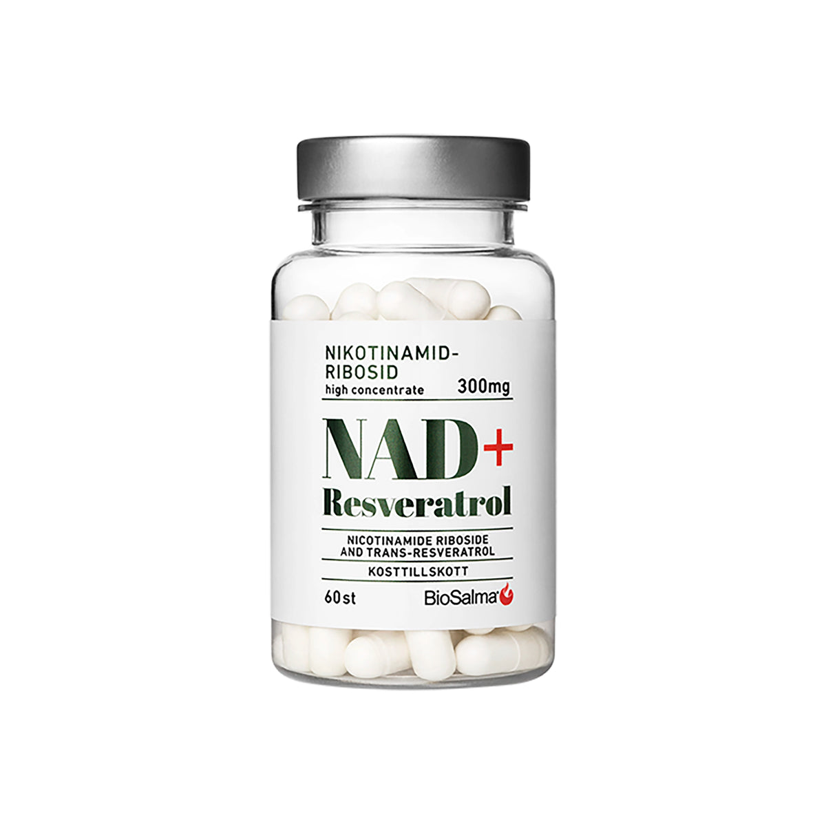 BioSalma NAD+ 300mg +Reservatrol 60 caps kosttillskott i en genomskinlig burk med silverlock och vit etikett med svart och grön text.