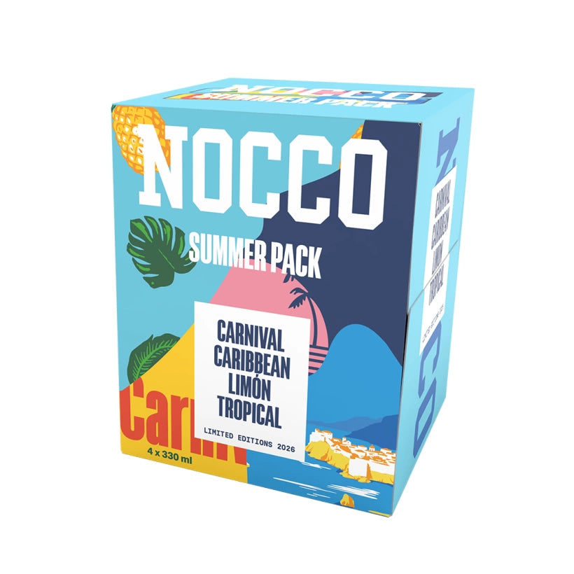 NOCCO Summer Pack 4-pack i en ljusblå kartong med färgstarka sommarmotiv för smakerna Carnival, Caribbean, Limón och Tropical., bild 1 av 1