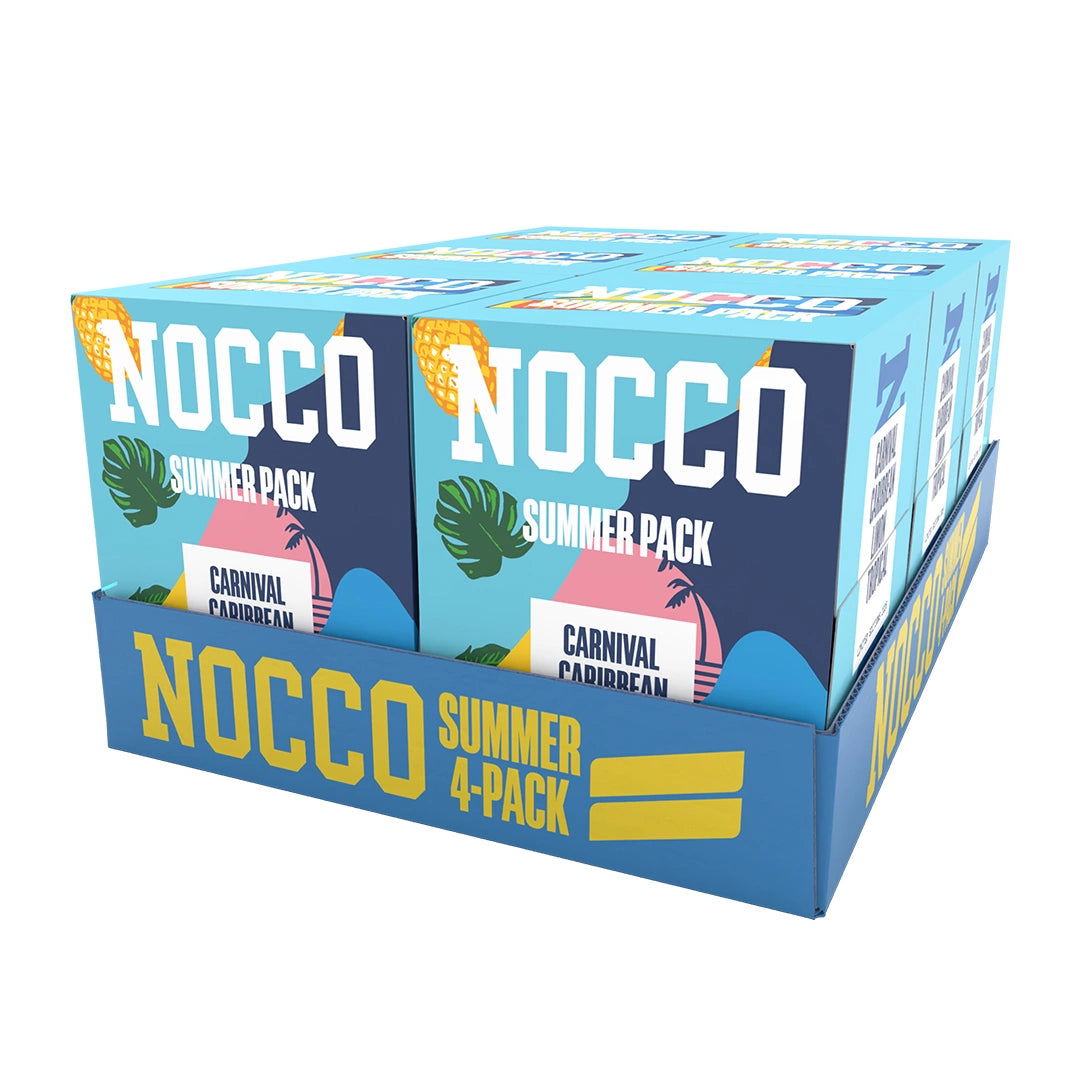 6 x NOCCO Summer Pack 4-pack energidryck i en ljusblå kartong med tropiska färgdetaljer och sommartema., bild 1 av 1