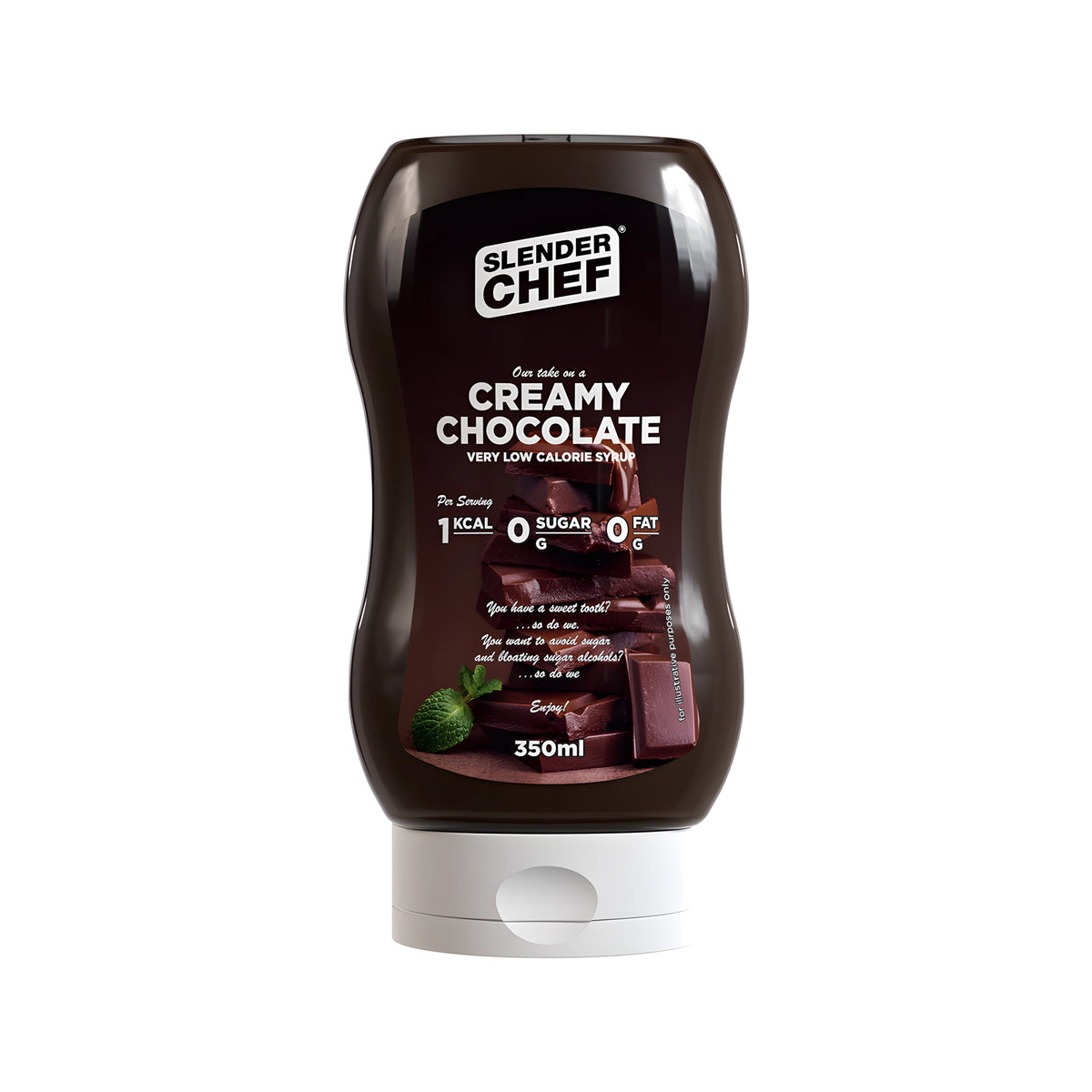 Slender Chef Sweet Sauce 350 ml i en mörk klämflaska med vitt lock och smaken Creamy Chocolate.