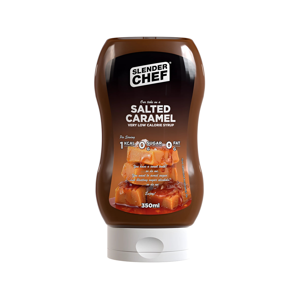 Slender Chef Sweet Sauce 350 ml i en brun klämflaska med vitt lock för smaken Salted Caramel.