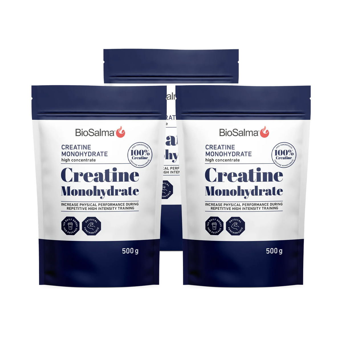 3 x BioSalma Creatine Monohydrat 500 g kreatinpulver i tre vita och mörkblå påsar.