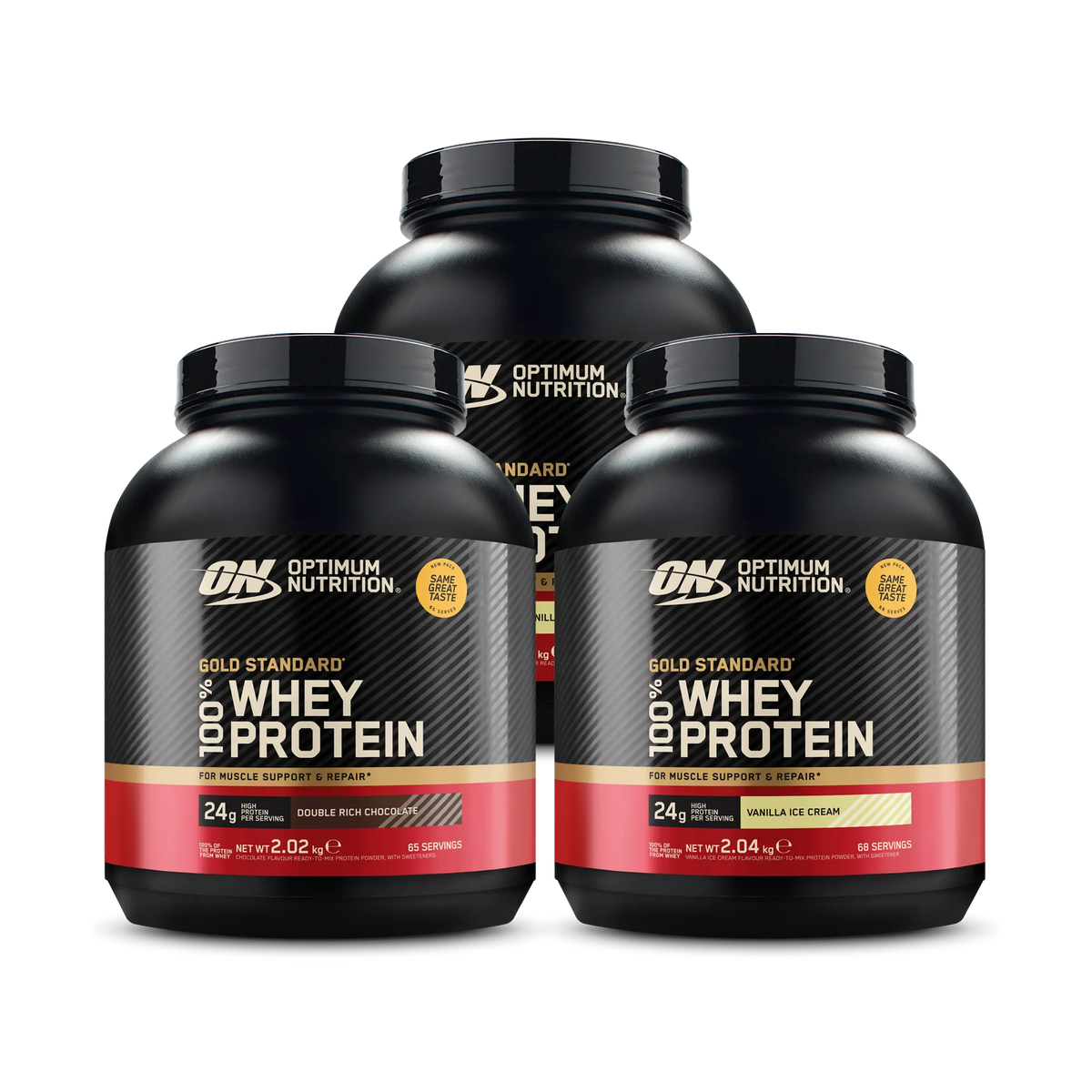 3 x Optimum Nutrition 100% Whey Gold Standard 2 kg proteinpulver i svarta burkar med röda och guldiga detaljer för olika smaker., bild 1 av 1
