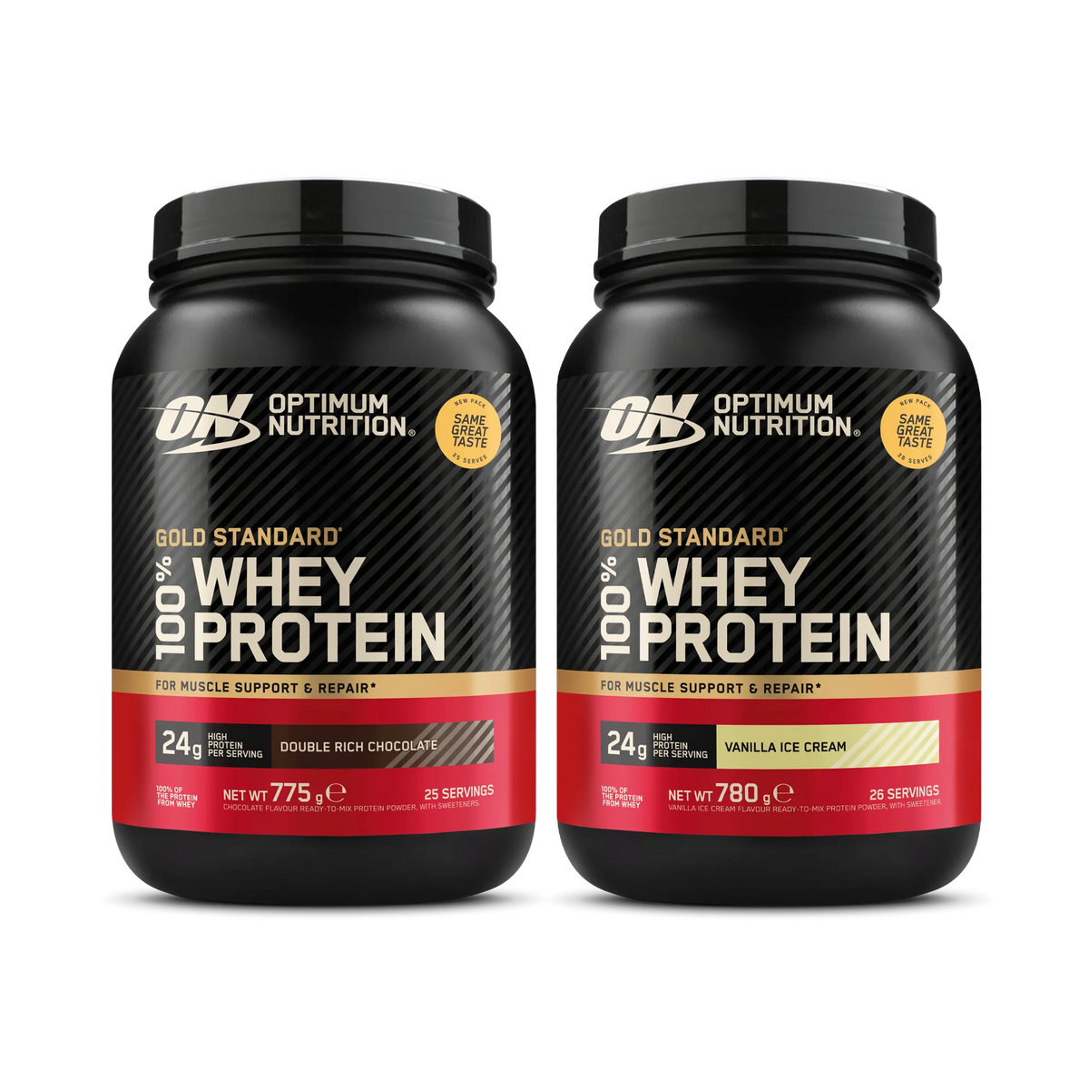 2 x Optimum Nutrition 100% Whey Gold Standard 775 g proteinpulver i två svarta burkar med röda och guldiga detaljer., bild 1 av 1