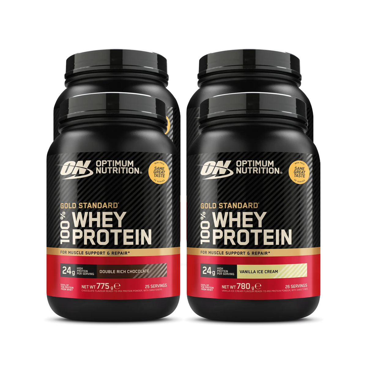 4 x Optimum Nutrition 100% Whey Gold Standard 775 g proteinpulver i svarta burkar med röda och guldiga detaljer.