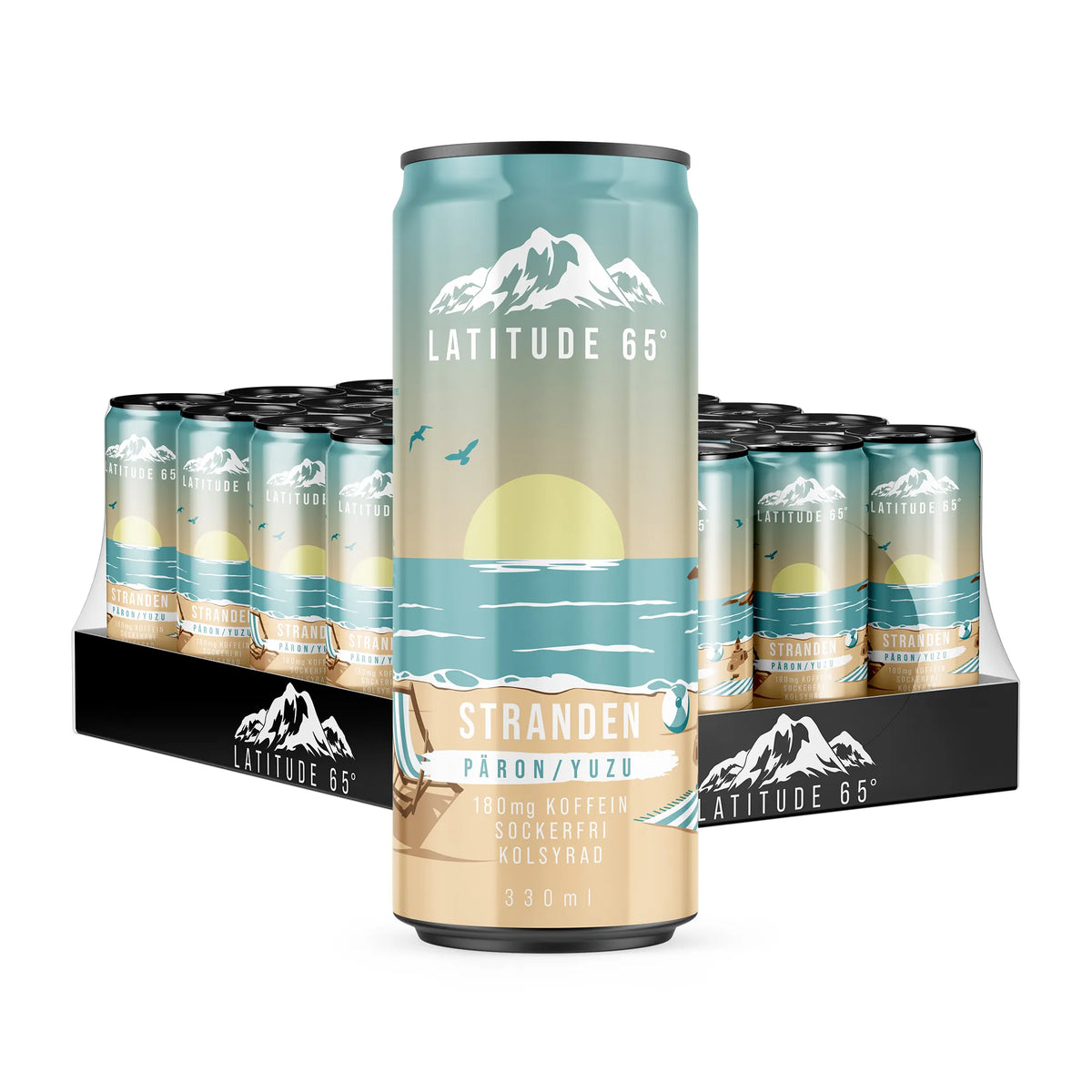 24 x Latitude 65 330 ml Stranden - Päron/Yuzu i turkosa burkar med strandmotiv, samlade på ett svart flak., bild 1 av 1