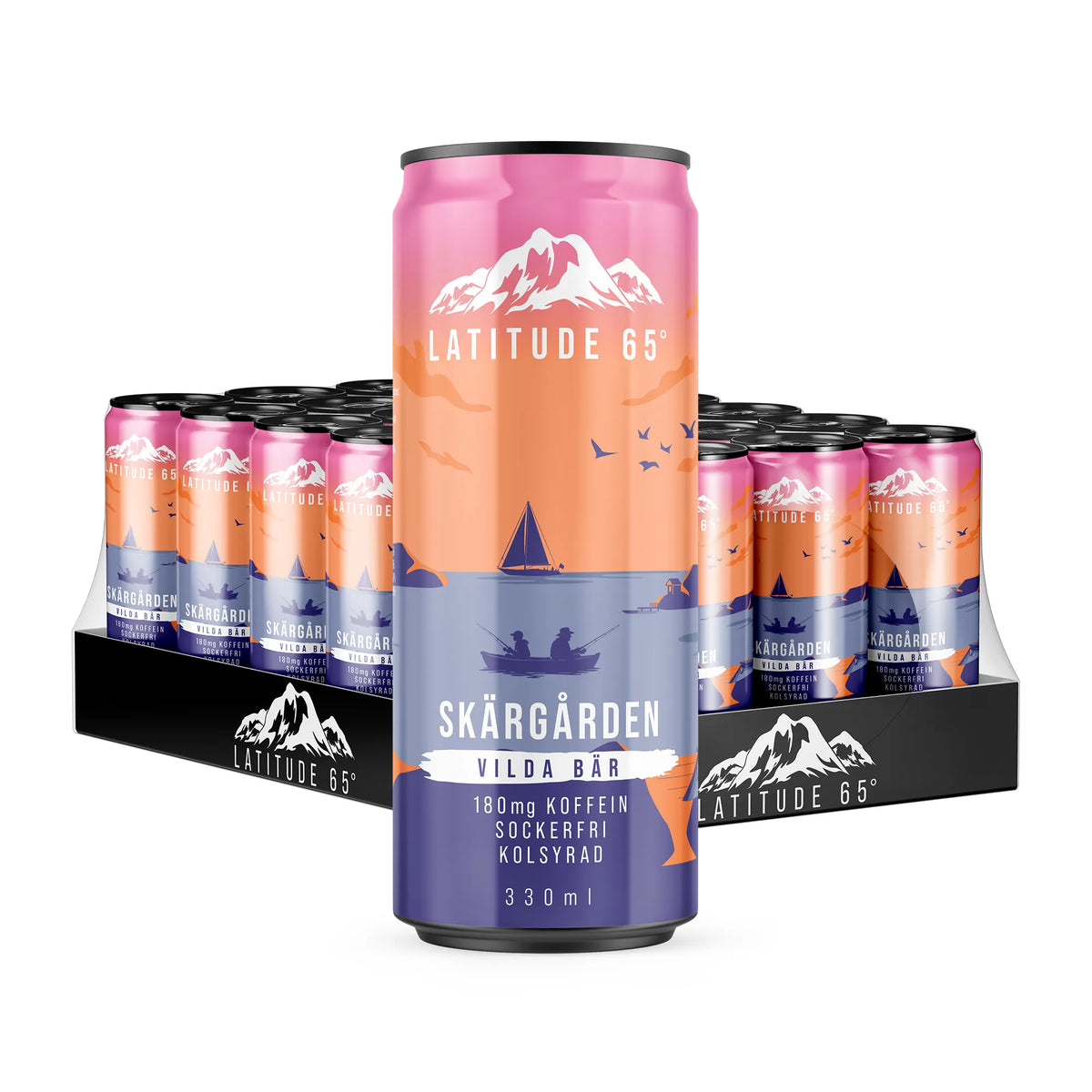 24 x Latitude 65 330 ml Skärgården - Vilda bär funktionsdryck på ett svart flak med rosa och blå burkar., bild 1 av 1