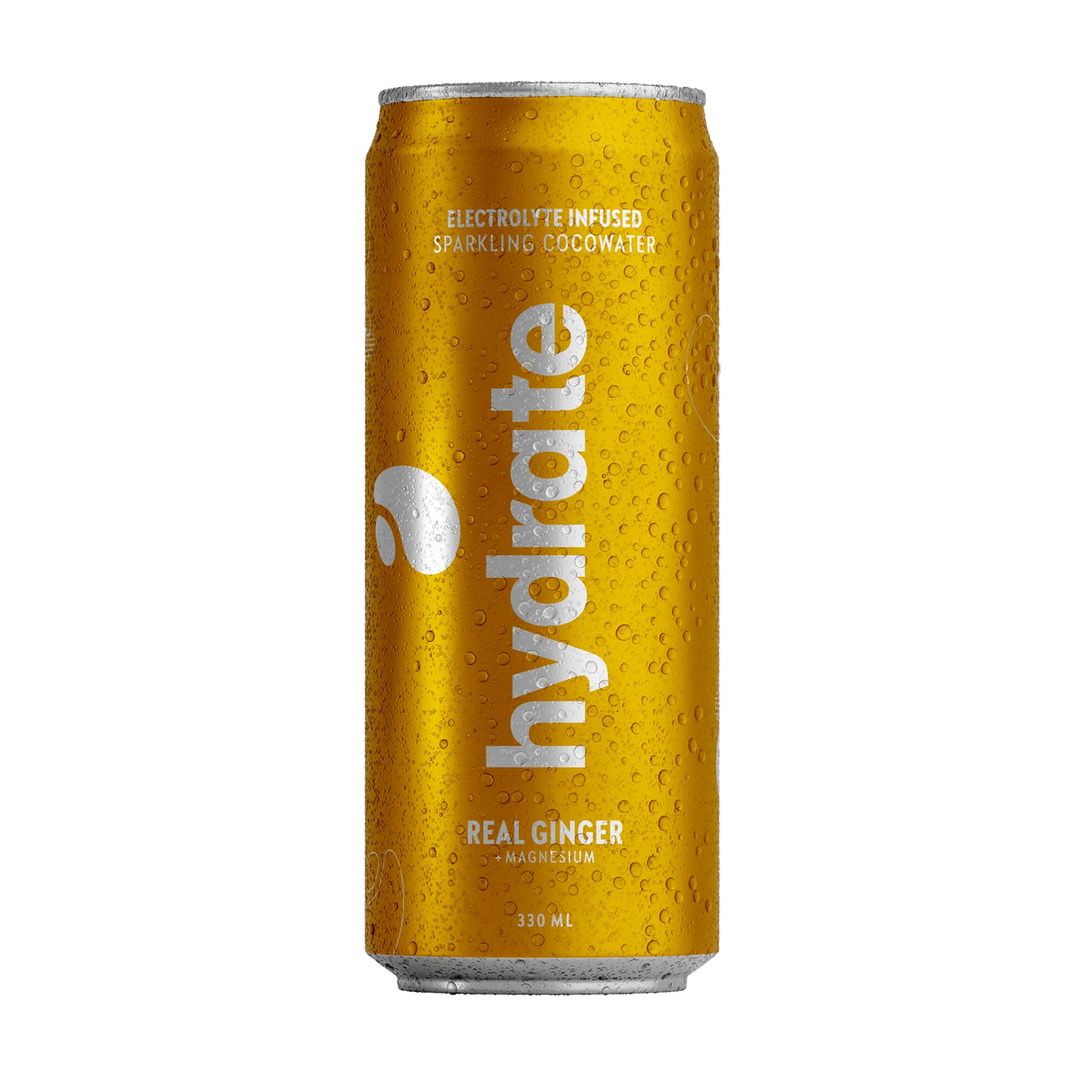 Hydrate 330 ml gnistrande kokosvatten i en gul burk täckt med kondensdroppar för smaken Real Ginger.