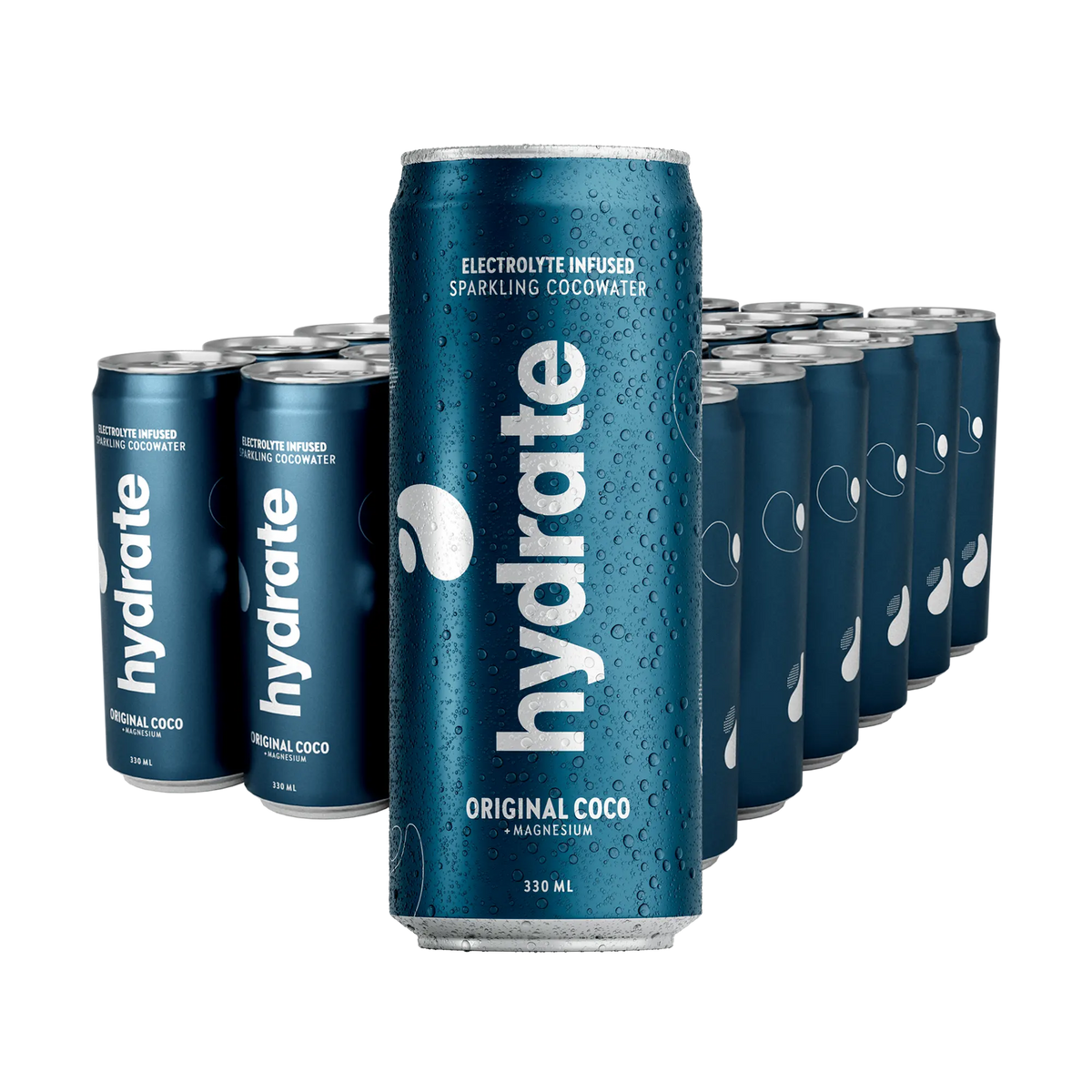 24 x Hydrate 330 ml Original Coco i mörkblå burkar med vit text, täckta av uppfriskande vattendroppar., bild 1 av 1