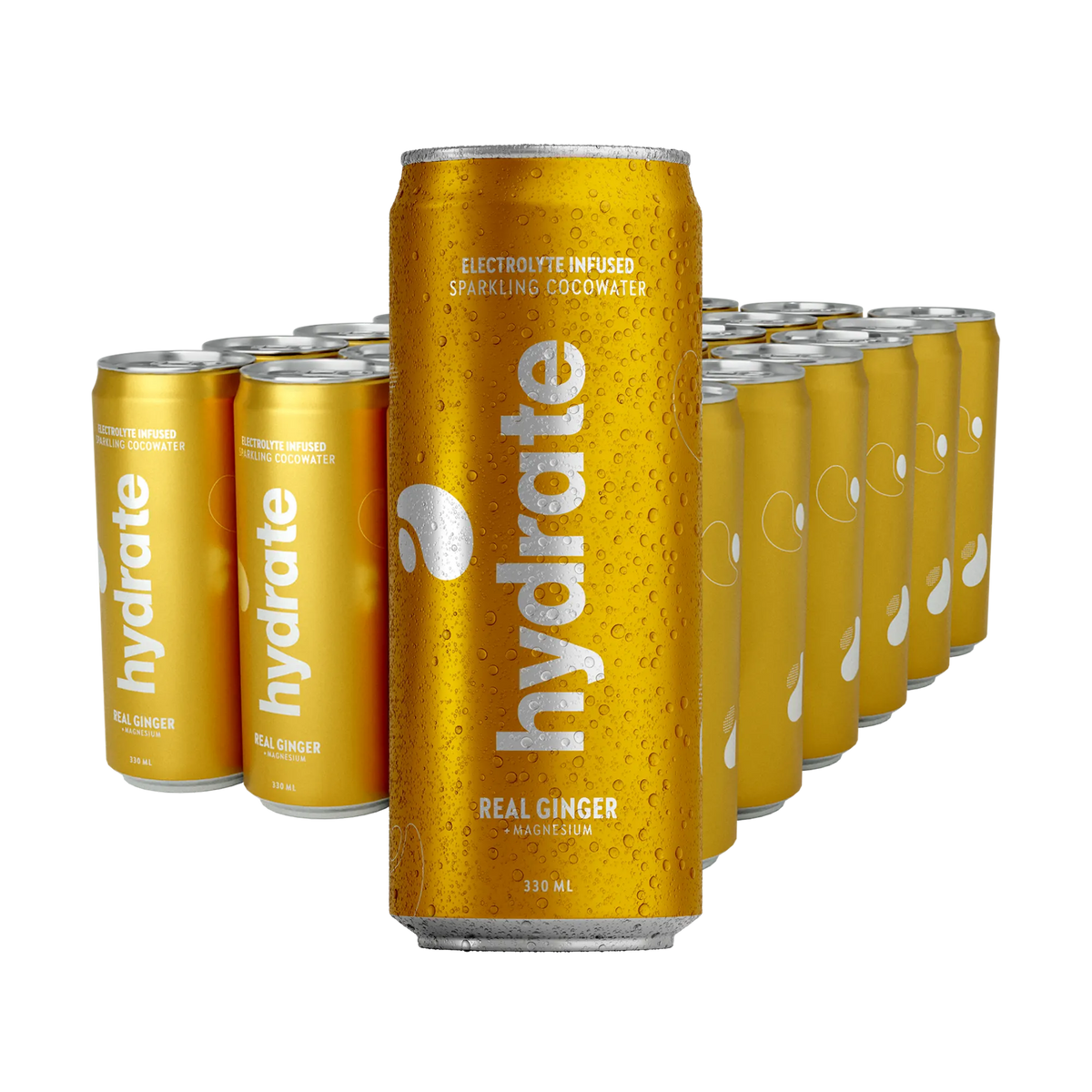 24 x Hydrate 330 ml Real Ginger i guldiga burkar med vit text för smaken ingefära., bild 1 av 1