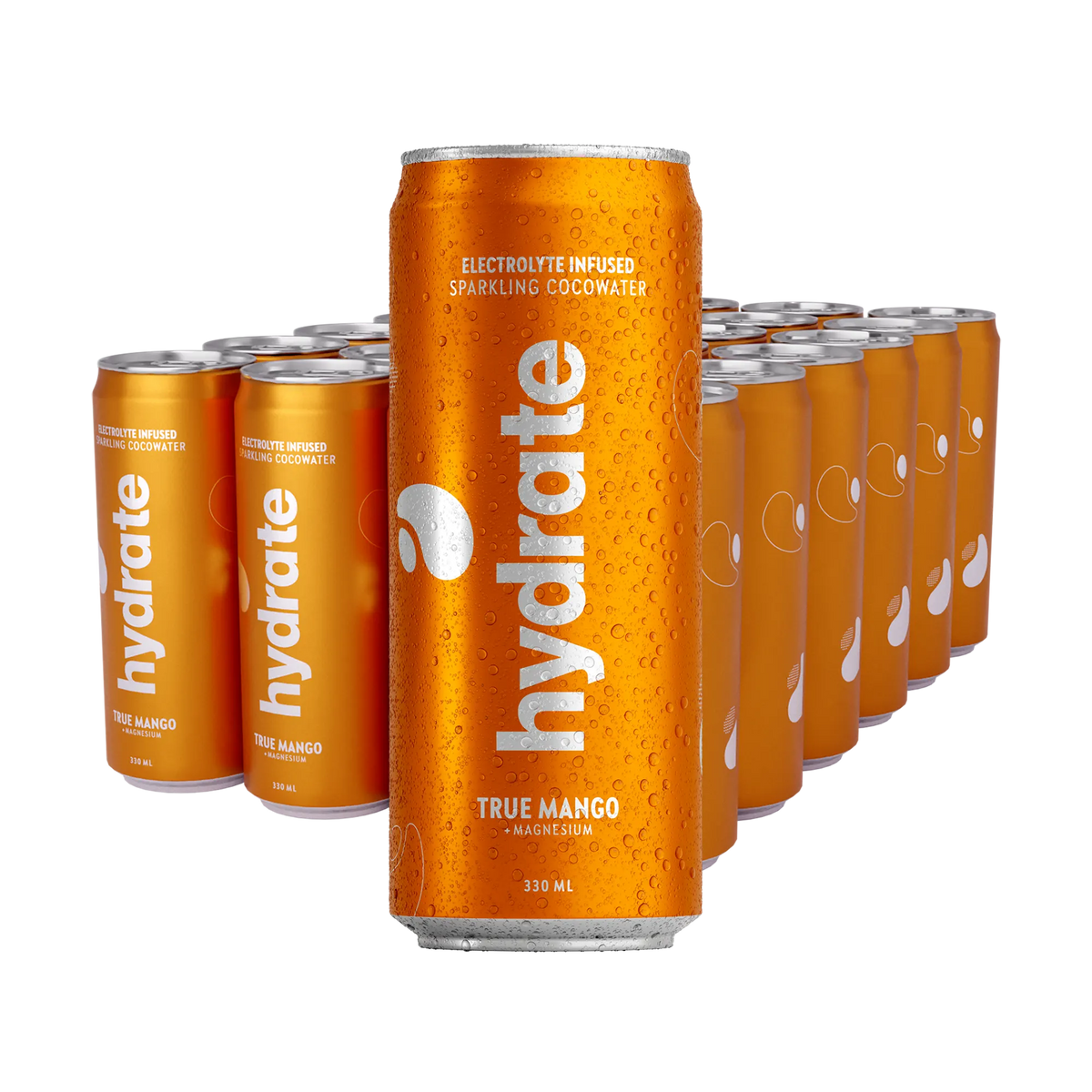 24 x Hydrate 330 ml True Mango i ett flak med orangea burkar täckta av kondens och silvrig text., bild 1 av 1