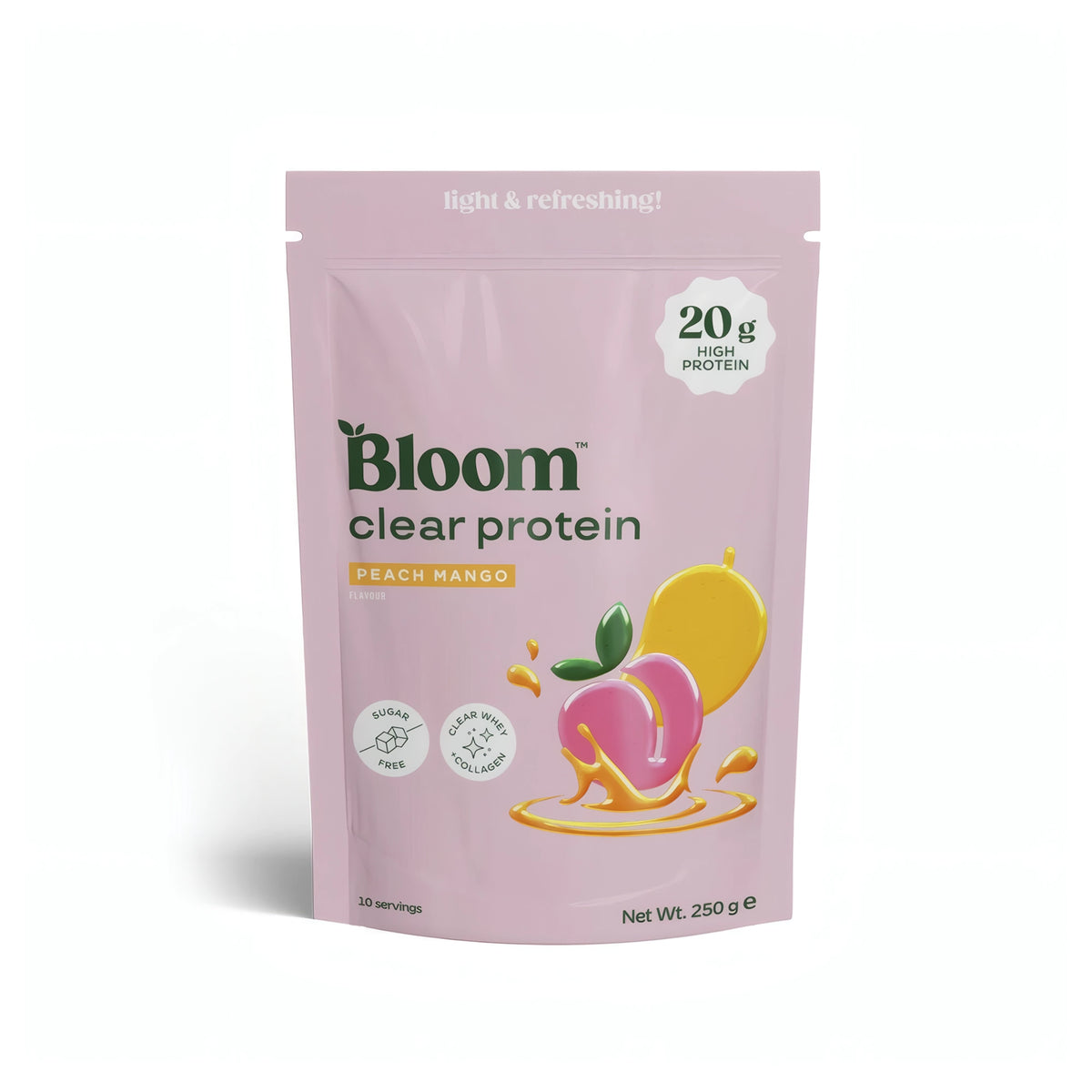 Bloom Clear Protein Collagen 250 g proteinpulver i en ljusrosa påse för smaken Peach Mango.