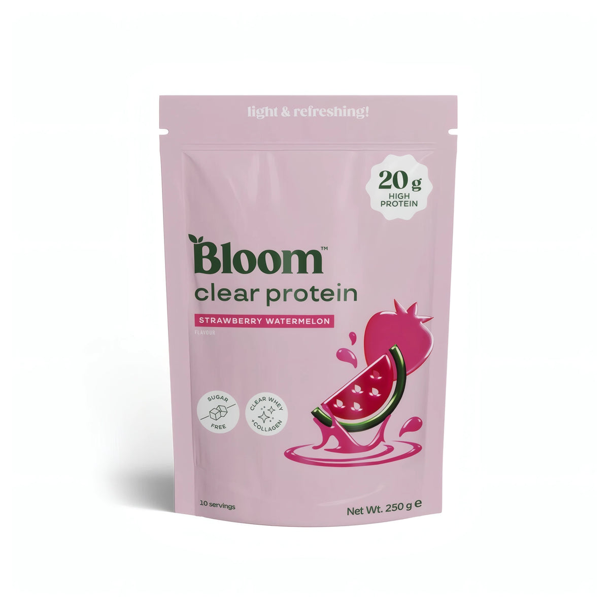 Bloom Clear Protein Collagen 250 g proteinpulver i en rosa påse för smaken Strawberry Watermelon., bild 2 av 2