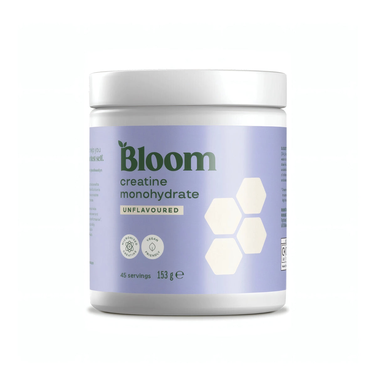 Bloom Creatine 153 g Naturell kreatinpulver i en vit burk med ljuslila etikett., bild 1 av 1