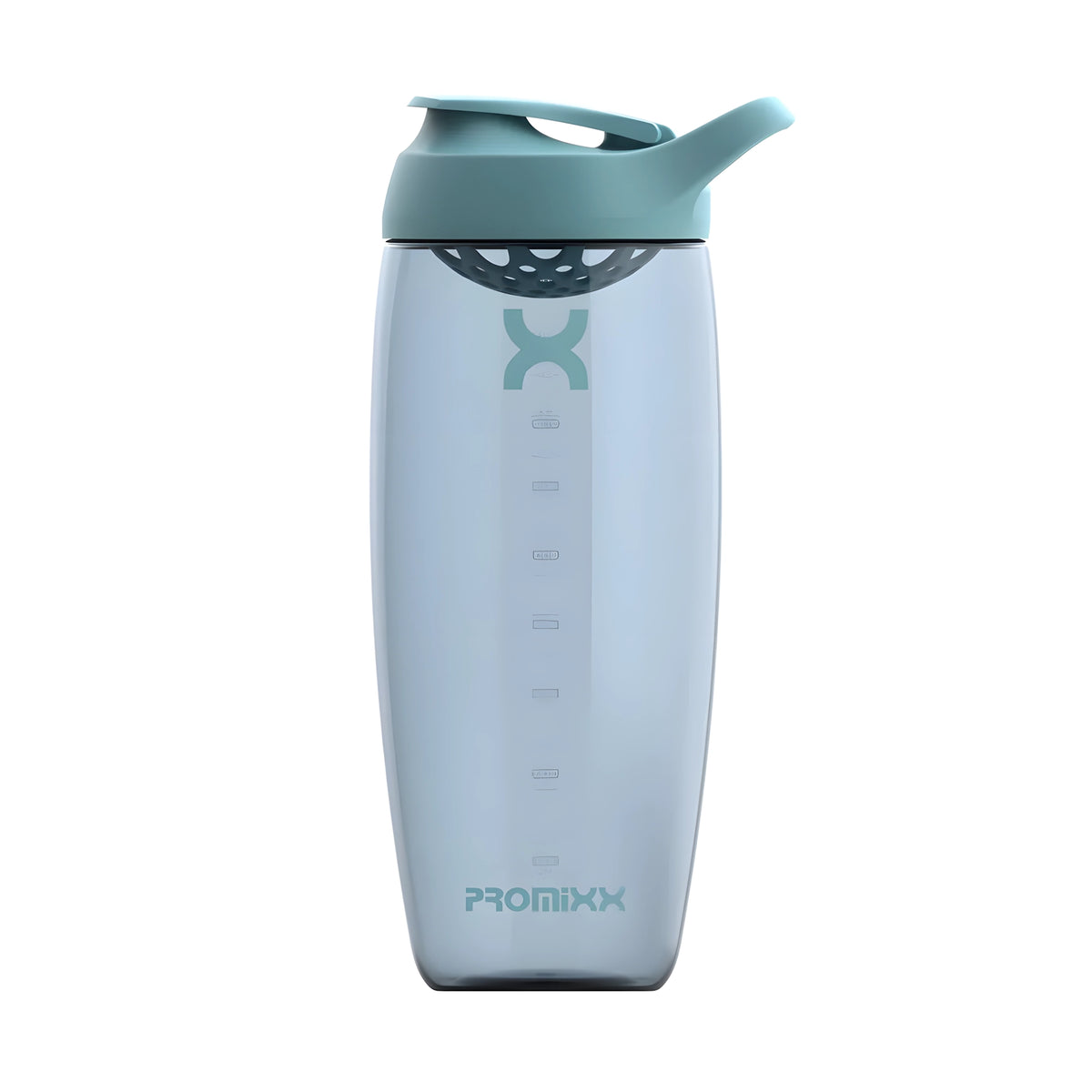 ProMixx Pursuit Shaker Bottle 950 ml med transparent glasliknande yta, inbyggd agitator och ljusgrönt lock., bild 2 av 4
