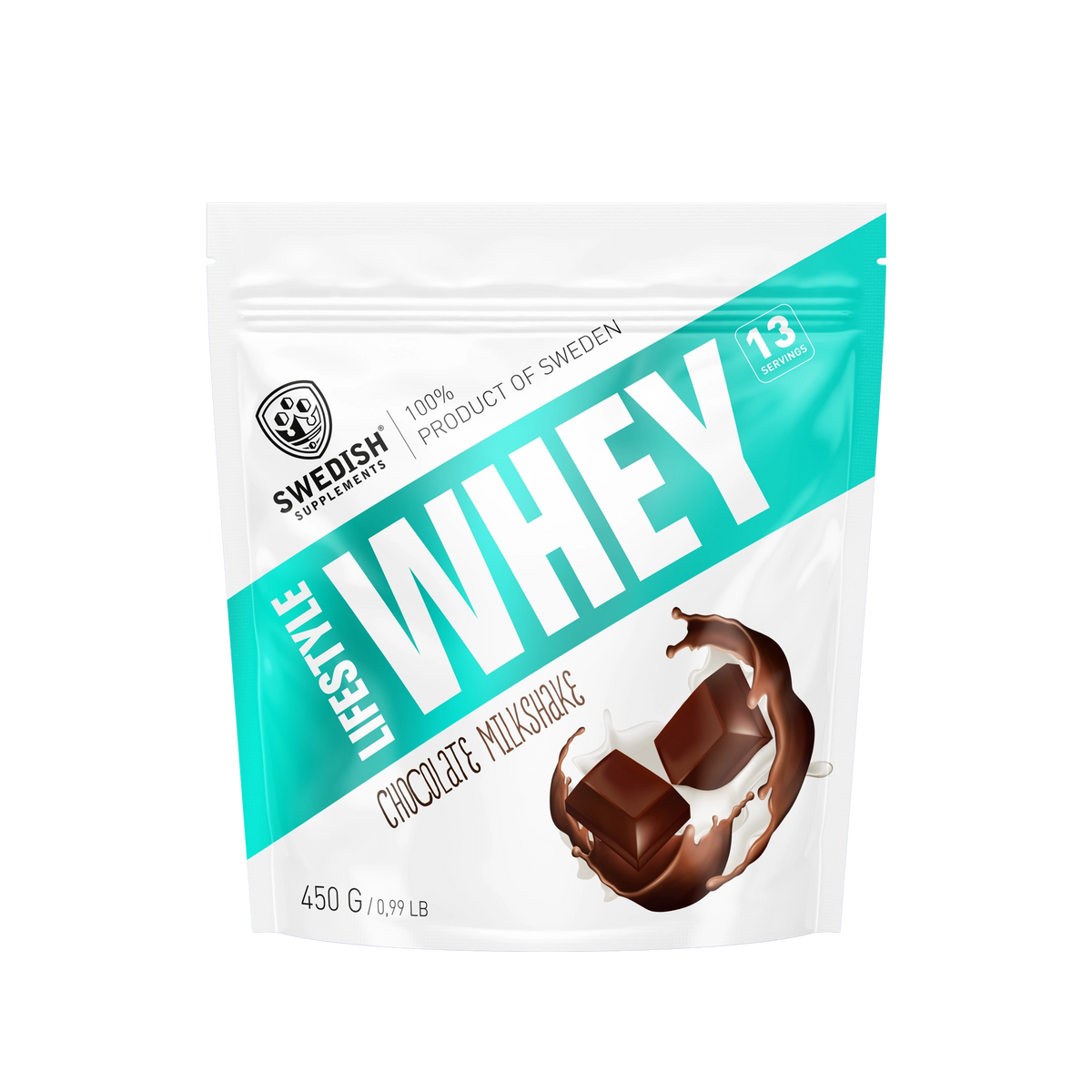 Swedish Supplements Lifestyle Whey 450 g proteinpulver i en vit påse med turkosa detaljer för smaken Chocolate Milkshake.