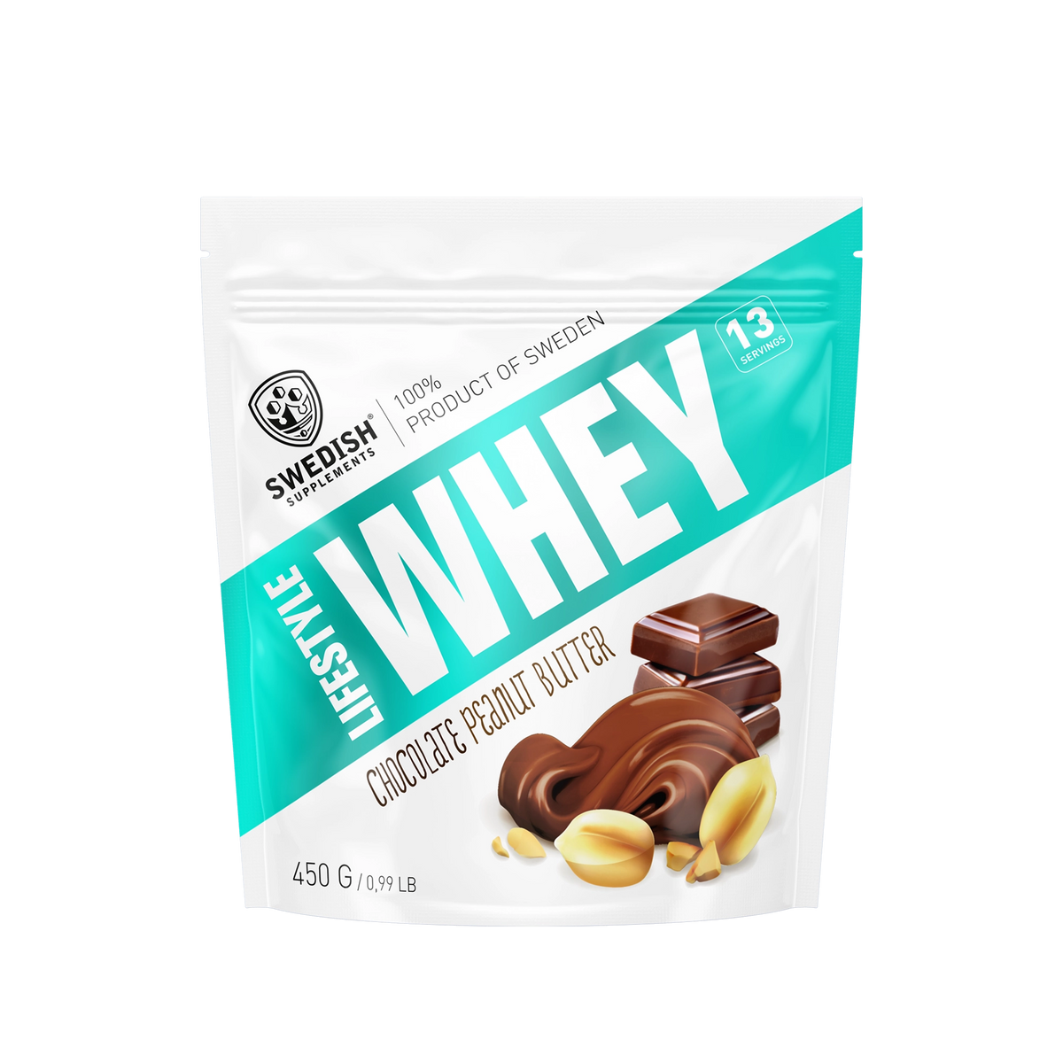 Swedish Supplements Lifestyle Whey 450 g proteinpulver i en vit och turkos påse för smaken Chocolate Peanut Butter., bild 3 av 8