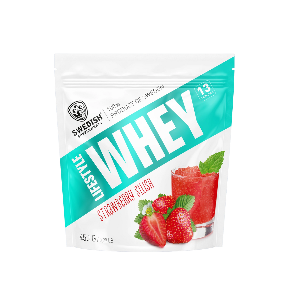 Swedish Supplements Lifestyle Whey 450 g proteinpulver i en vit och turkos påse för smaken Strawberry Slush., bild 5 av 8