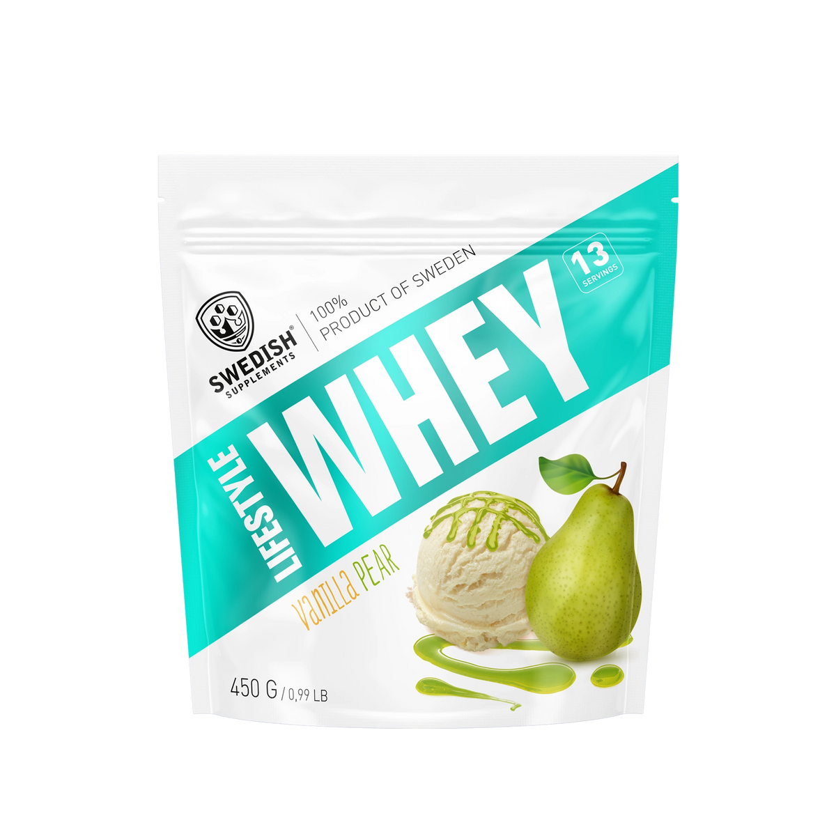 Swedish Supplements Lifestyle Whey 450 g proteinpulver i en vit påse med turkosa detaljer för smaken Vanilla Pear., bild 8 av 8