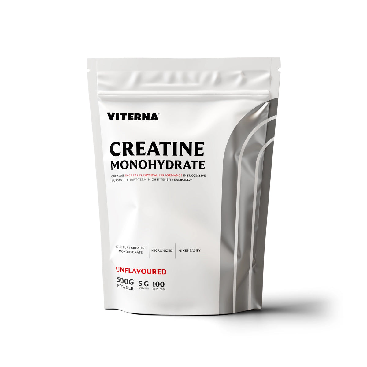Viterna Ignited Pure Creatine 500 g kreatinpulver i en vit påse med röda detaljer utan smak., bild 1 av 1