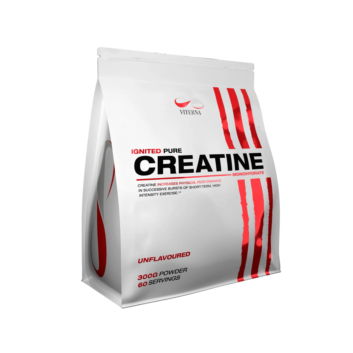 Viterna Ignited Pure Creatine 300 g kreatinpulver i en vit påse med röda detaljer, utan smak., bild 1 av 1