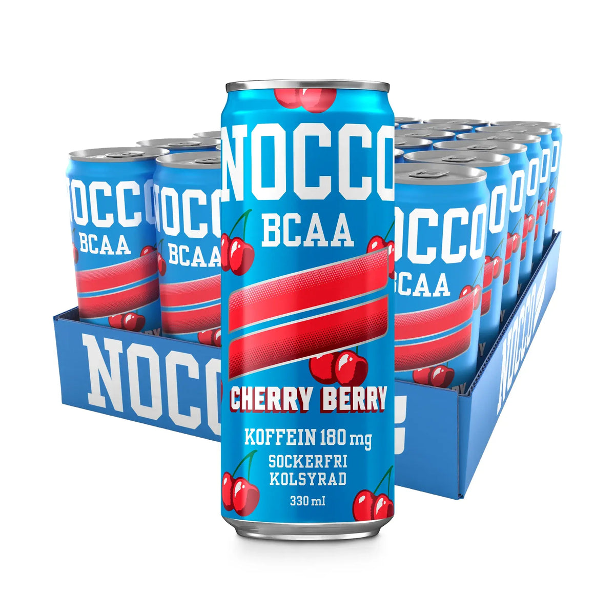 24 x NOCCO BCAA 330 ml Cherry Berry i ett flak med ljusblå burkar och röda körsbärsmotiv., bild 1 av 1