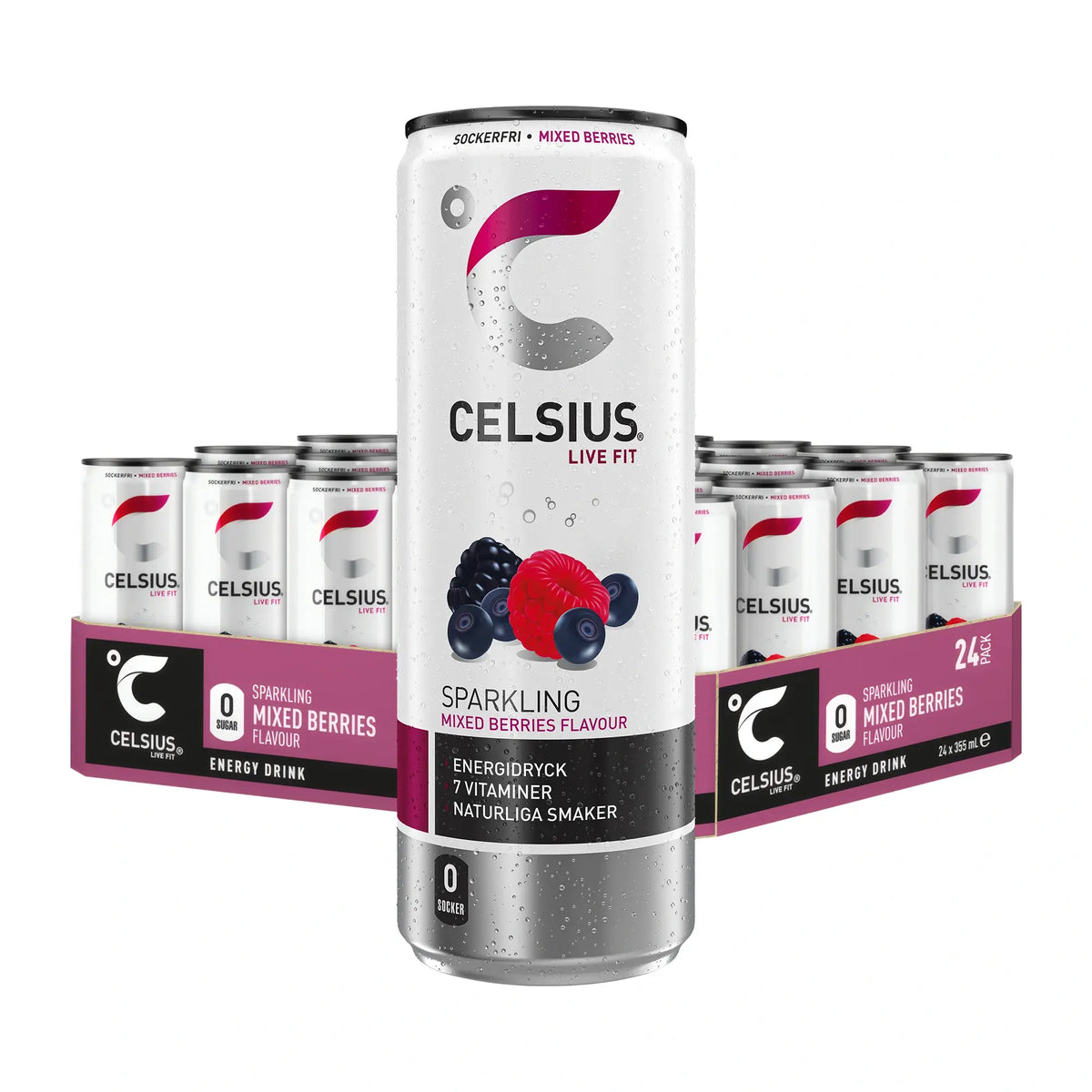 24 x Celsius 355 ml Mixed Berries energidryck i ett flak om 24 burkar med en vit och silvrig burk med bärmotiv i förgrunden., bild 1 av 1