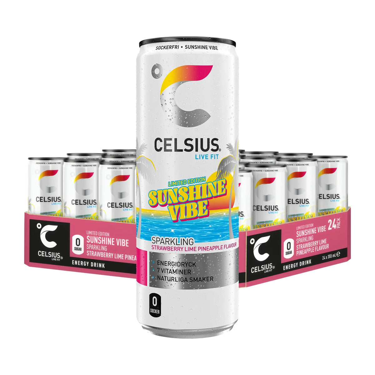 24 x Celsius 355 ml Sunshine Vibe i ett flak med vita burkar och rosa detaljer med smak av jordgubb, lime och ananas.