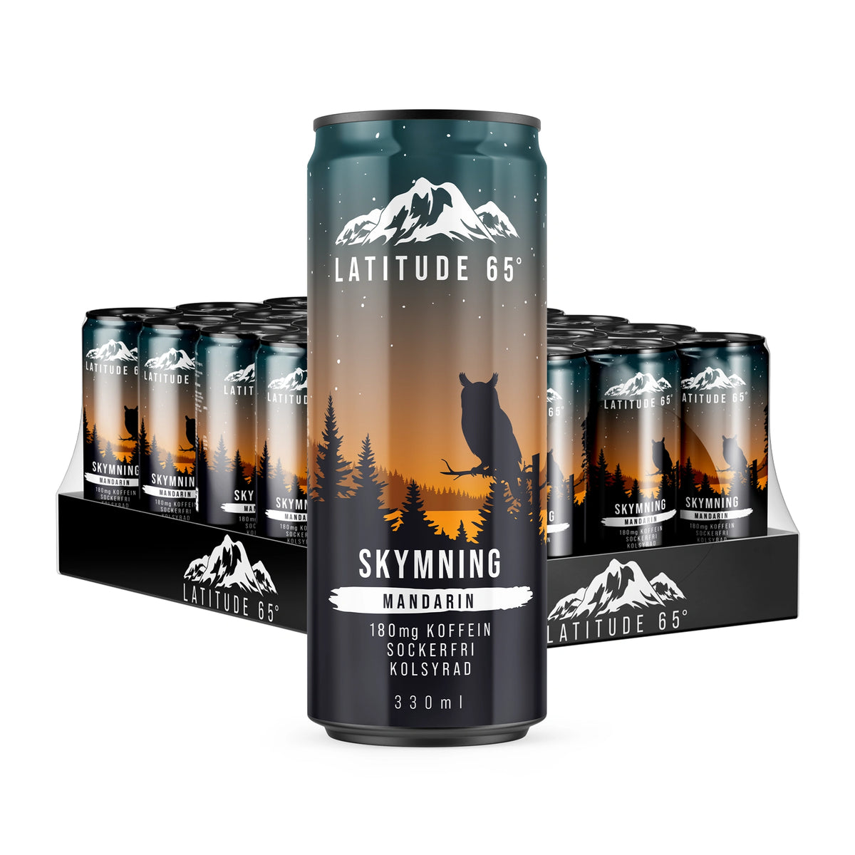 24 x Latitude 65 330 ml Skymning - Mandarin kolsyrad dryck i ett 24-pack med svarta burkar och orange skymningsmotiv.