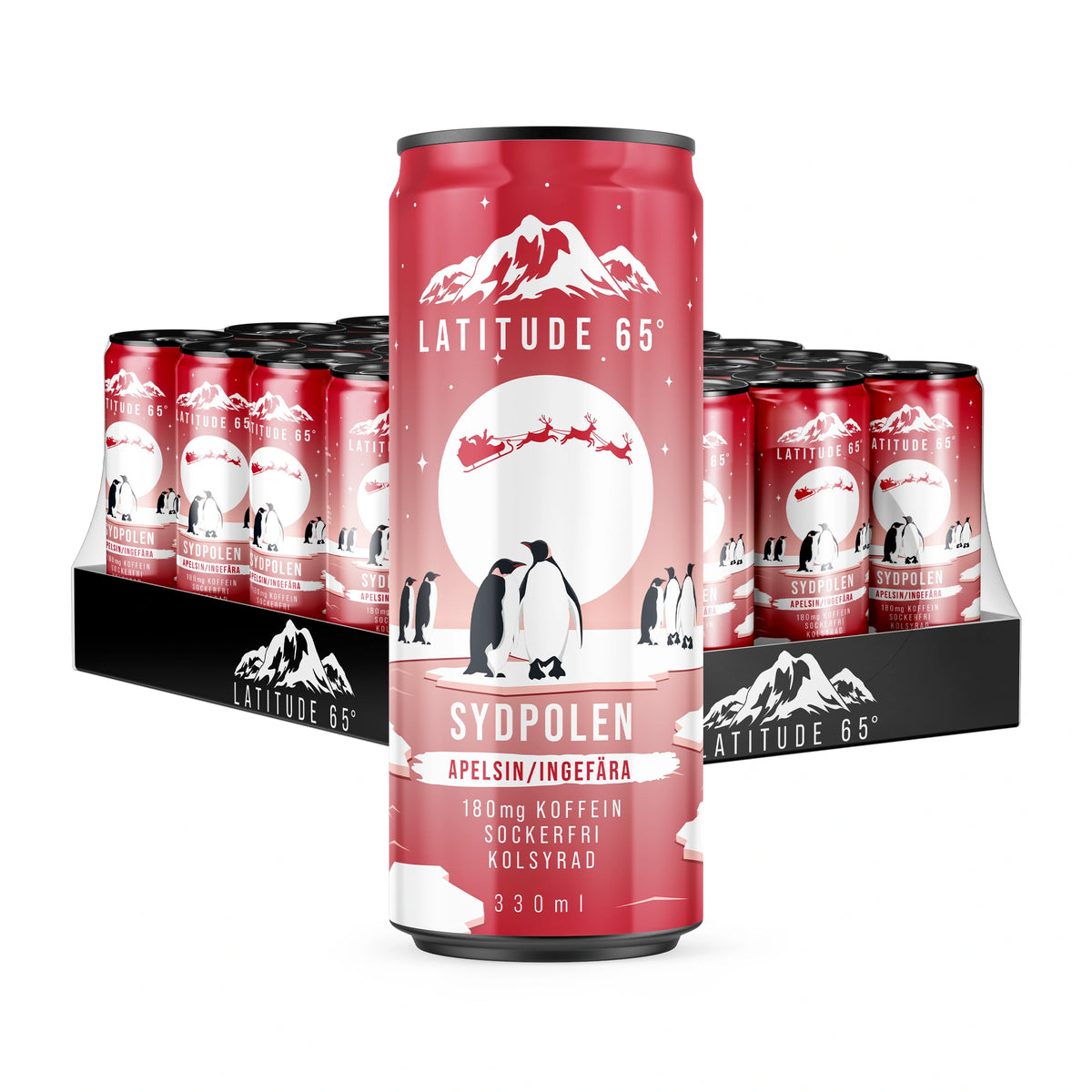 24 x Latitude 65 330 ml Sydpolen – Apelsin/Ingefära kolsyrad dryck i ett 24-pack med en röd burk i förgrunden., bild 1 av 1