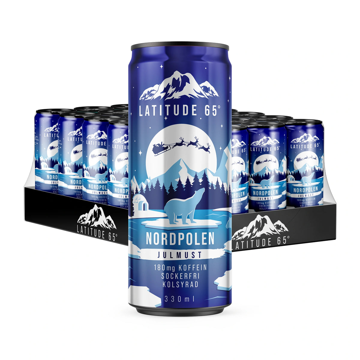 24 x Latitude 65 330 ml Nordpolen - Julmust kolsyrad dryck i ett flak med blå burkar med vintermotiv., bild 1 av 1