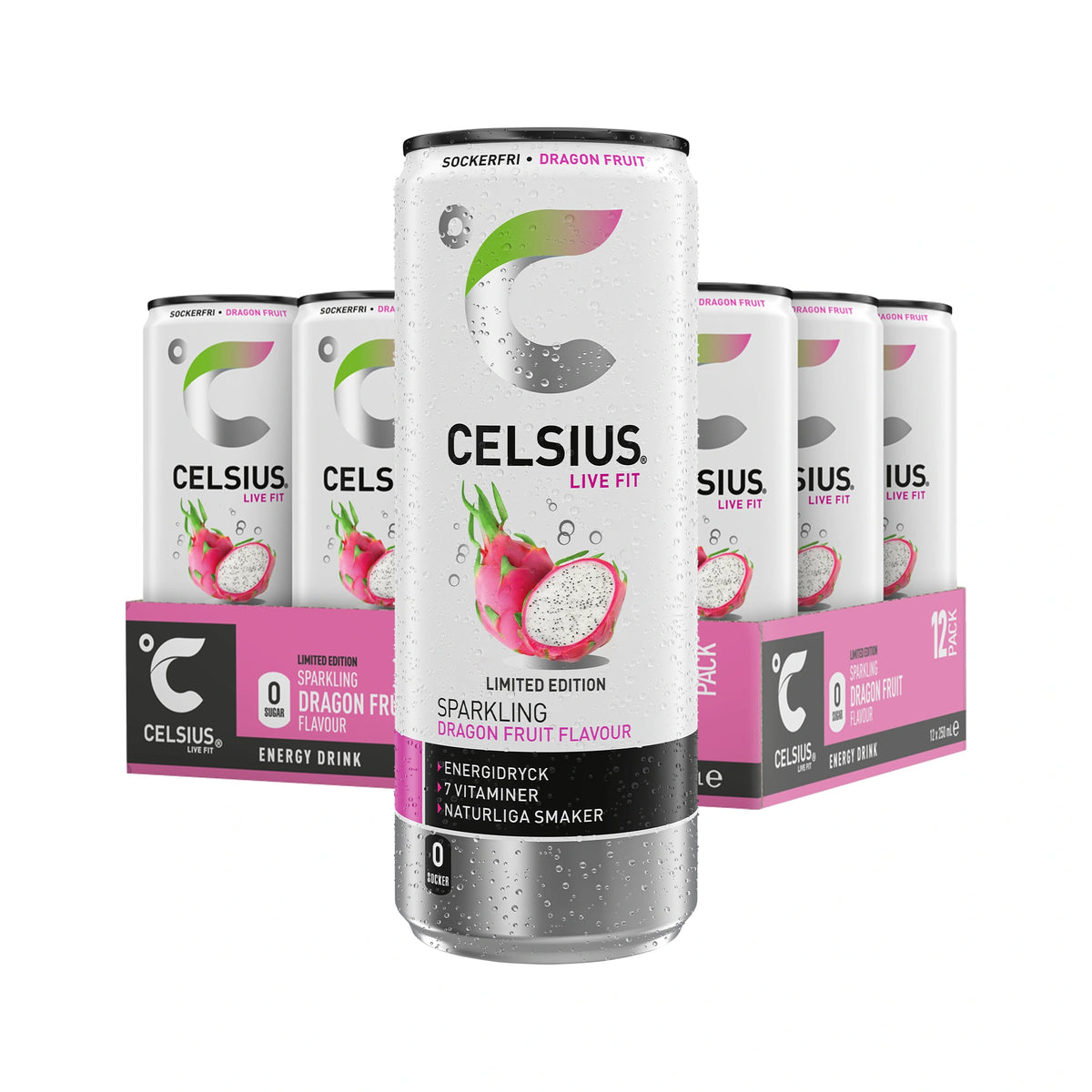 12 x Celsius 250 ml Dragon Fruit i ett 12-pack med vita burkar och rosa detaljer med motiv av drakfrukt., bild 1 av 1