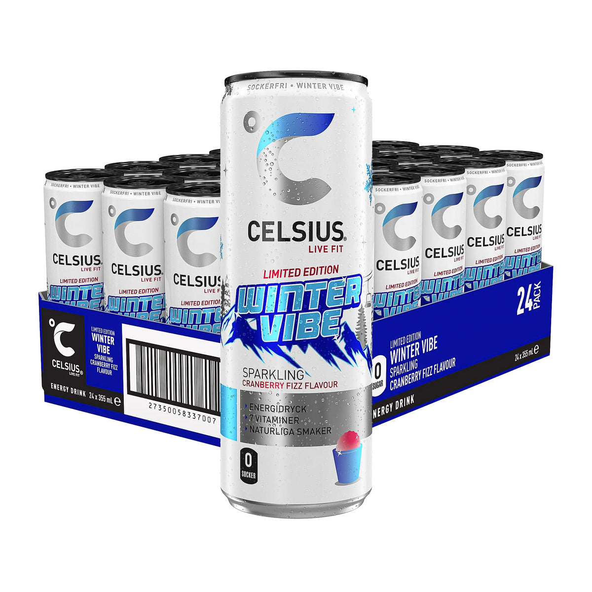 24 x Celsius 355 ml Winter Vibe kolsyrad energidryck i ett 24-pack med vita och blå burkar med smak av tranbär., bild 1 av 1